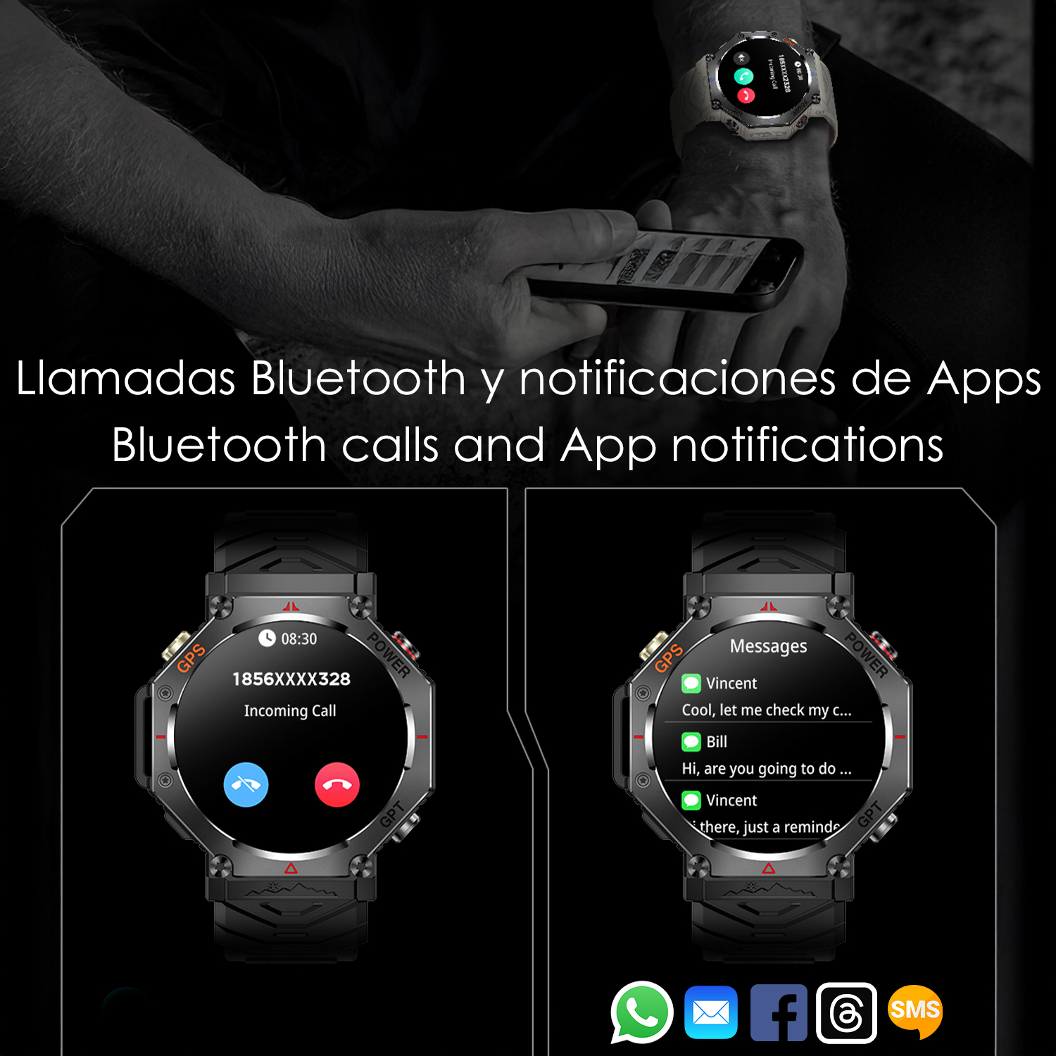 Una persona tiene in mano un telefono e indossa uno smartwatch. Lo smartwatch mostra notifiche di chiamate e messaggi.