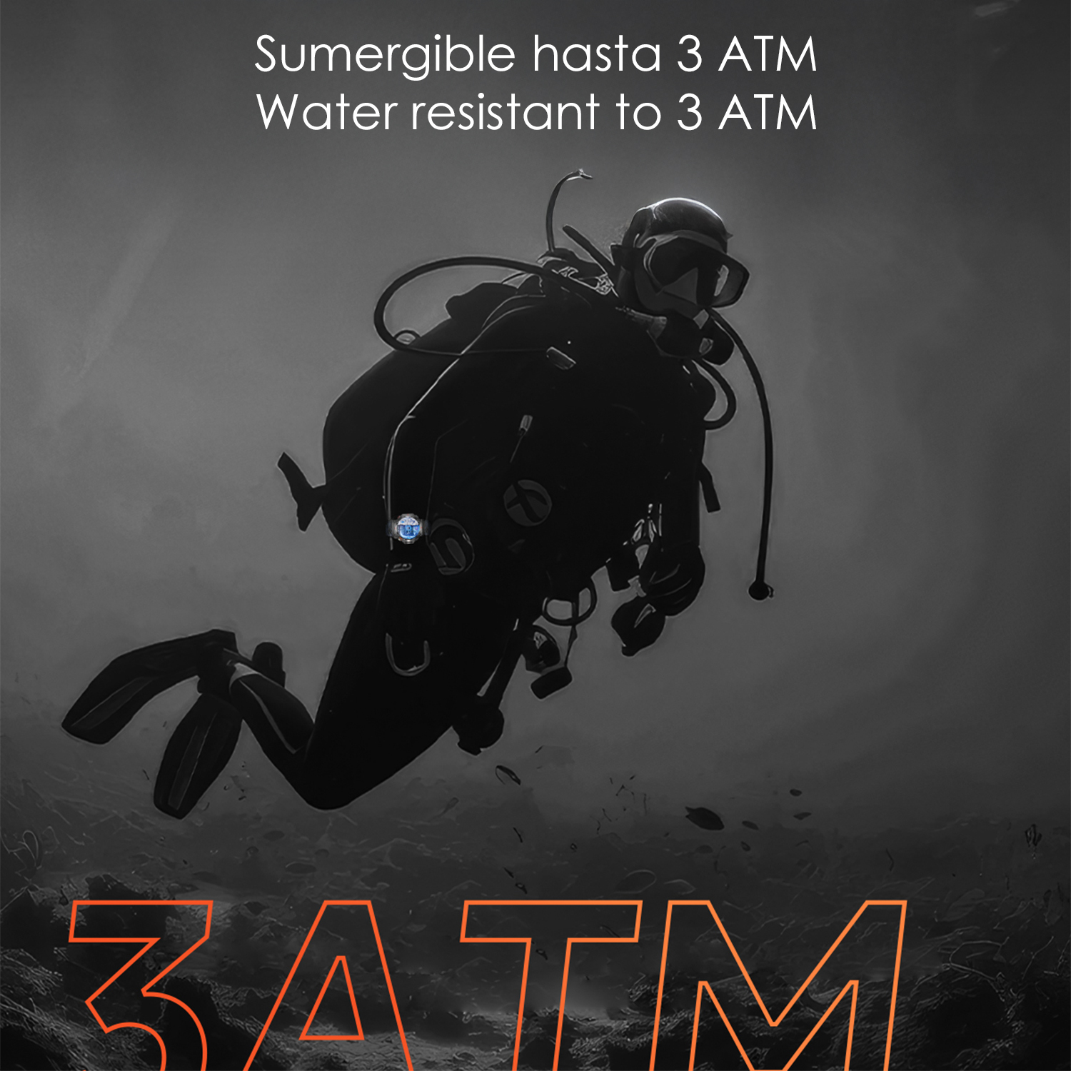 Un subacqueo in silhouette nuota sott'acqua. Il testo recita: Resistente all'acqua fino a 3 ATM. La parola 3ATM è arancione.