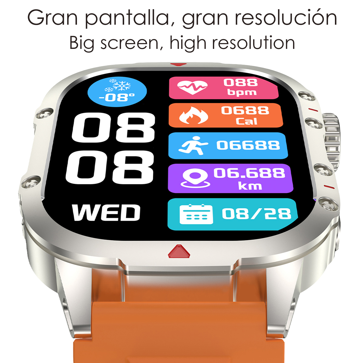 Uno smartwatch con cassa argentata e cinturino arancione visualizza dati, tra cui ora, temperatura e frequenza cardiaca.