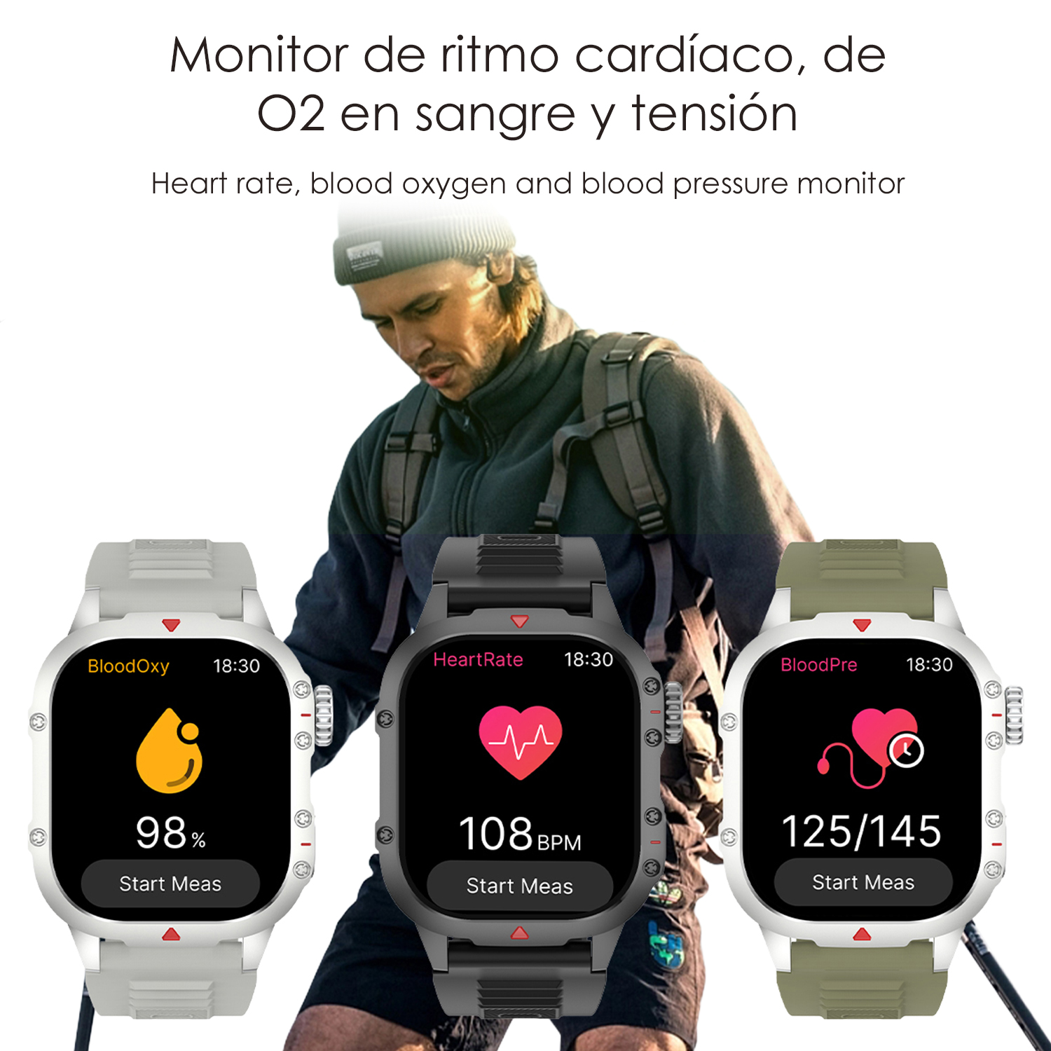 Uomo con zaino con tre smartwatch che mostrano metriche di salute: ossigeno nel sangue 98%, frequenza cardiaca 108 BPM e pressione sanguigna 125/145.
