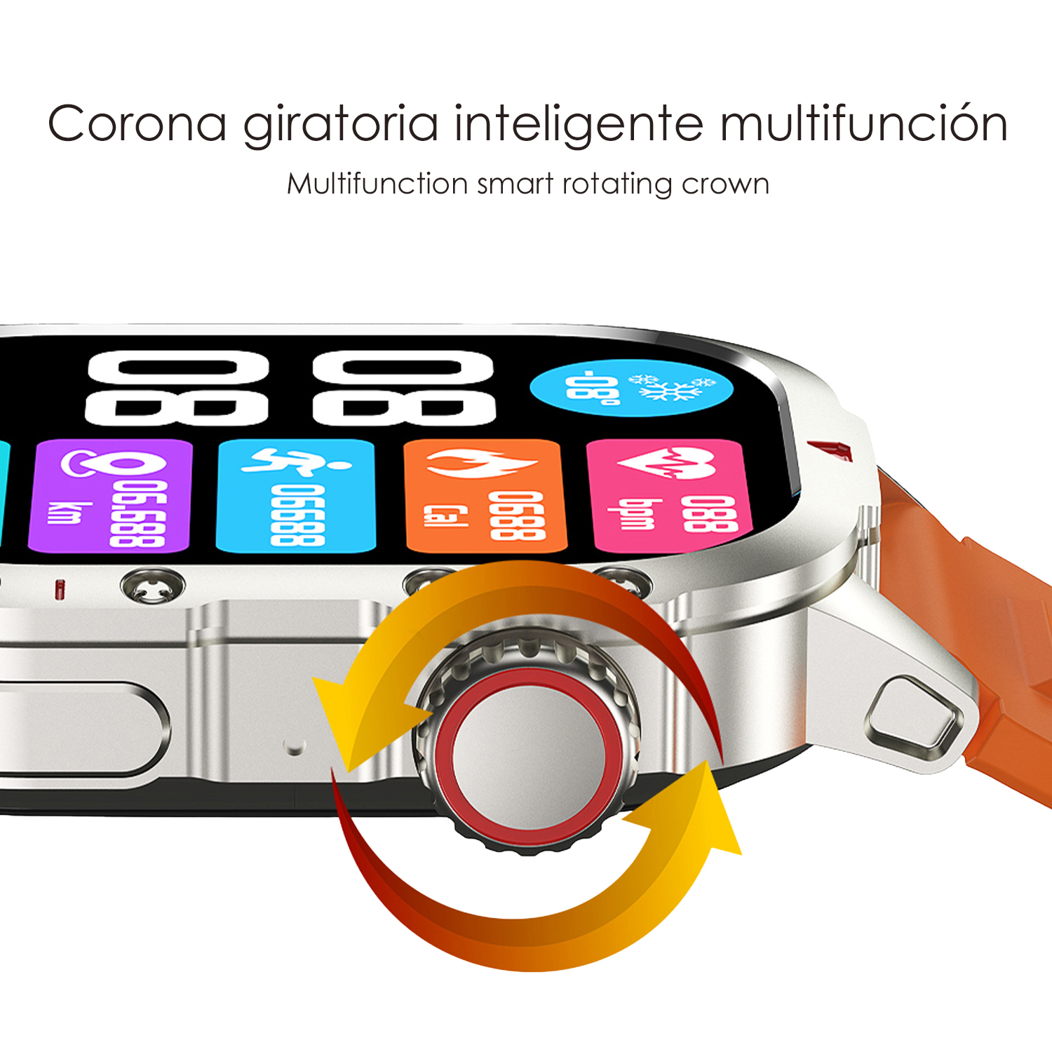 Primo piano di uno smartwatch con corona rotante. Il quadrante mostra vari dati. È visibile un cinturino arancione.