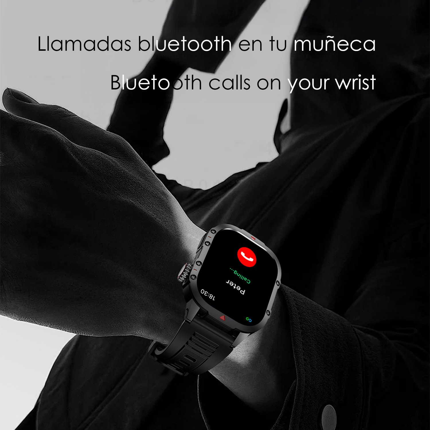 Un polso con uno smartwatch con schermo di chiamata. Lo schermo mostra un'icona telefonica rossa e il nome 'Peter'.