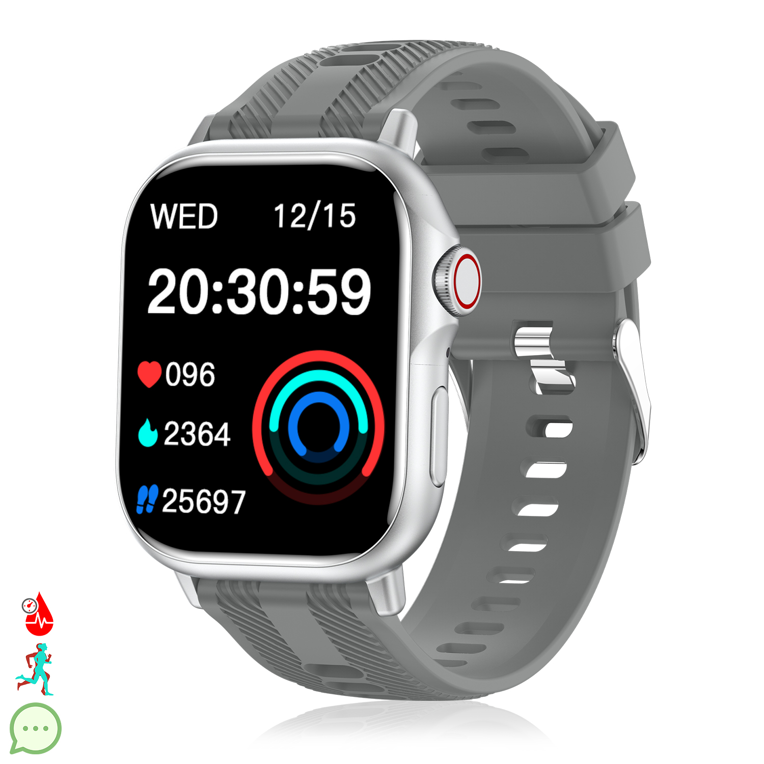 Uno smartwatch grigio mostra ora, data, frequenza cardiaca, passi e dati di attività. L'orologio ha una cornice argentata e un cinturino grigio.