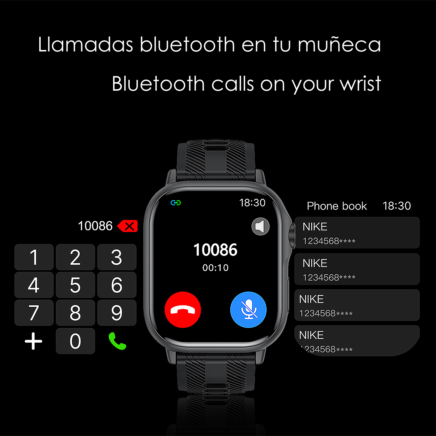 Uno smartwatch mostra una schermata di chiamata con tastierino e lista contatti. Mostra una chiamata in corso con un numero di telefono.