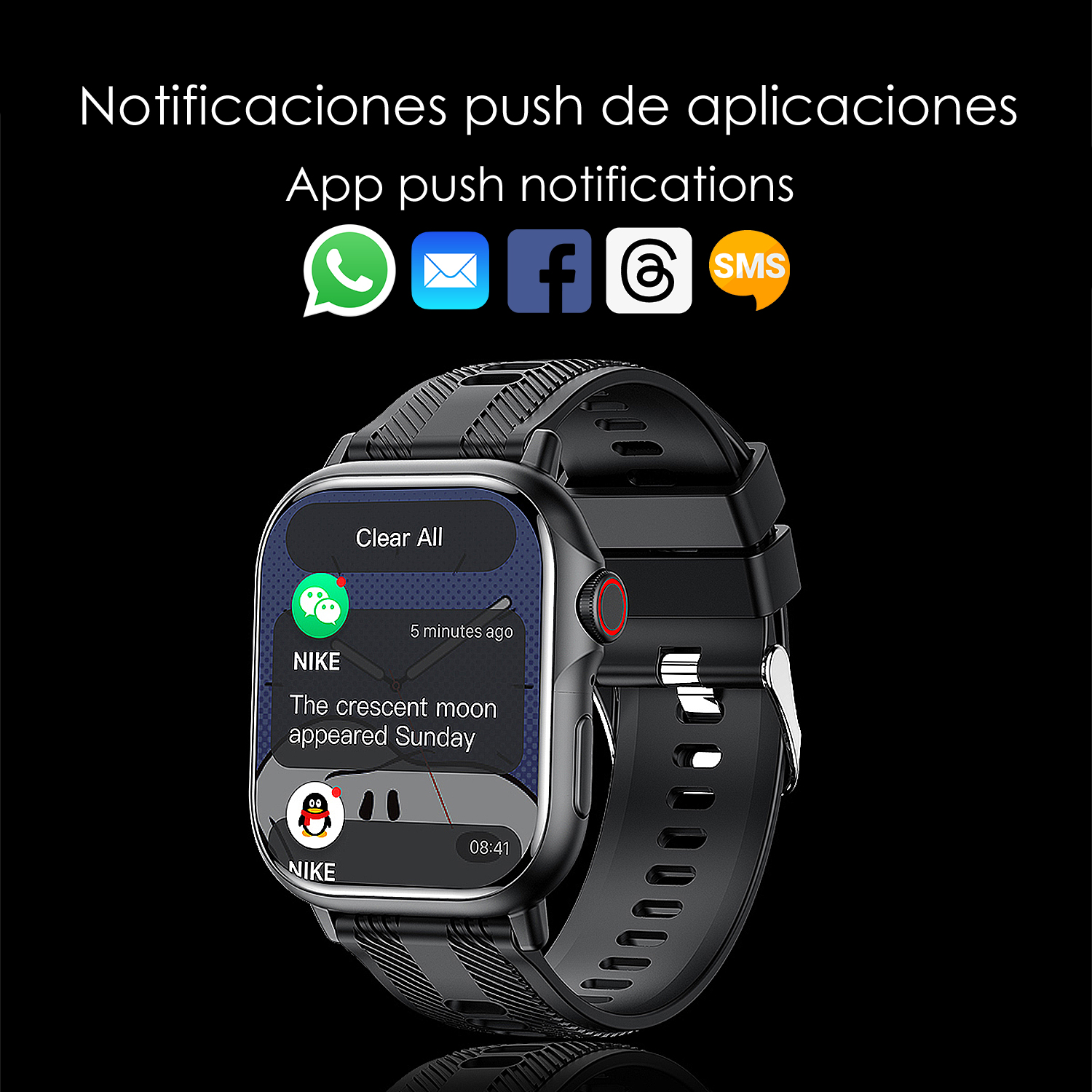Uno smartwatch mostra le notifiche. Mostra icone di app di messaggistica e una notifica Nike sulla luna crescente.