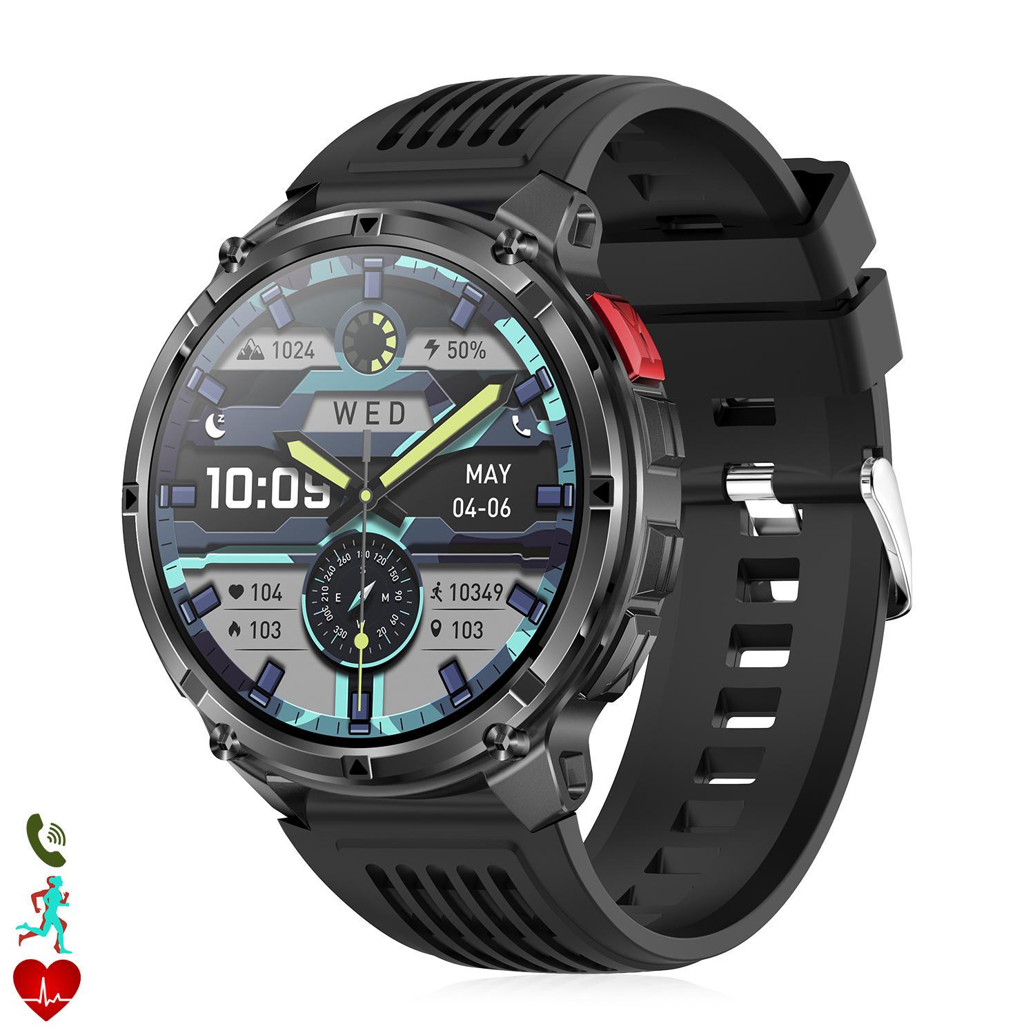 Uno smartwatch nero con display digitale che mostra ora, data e metriche di salute. Cinturino nero e dettagli argentati. Icone per chiamate, corsa e frequenza cardiaca.