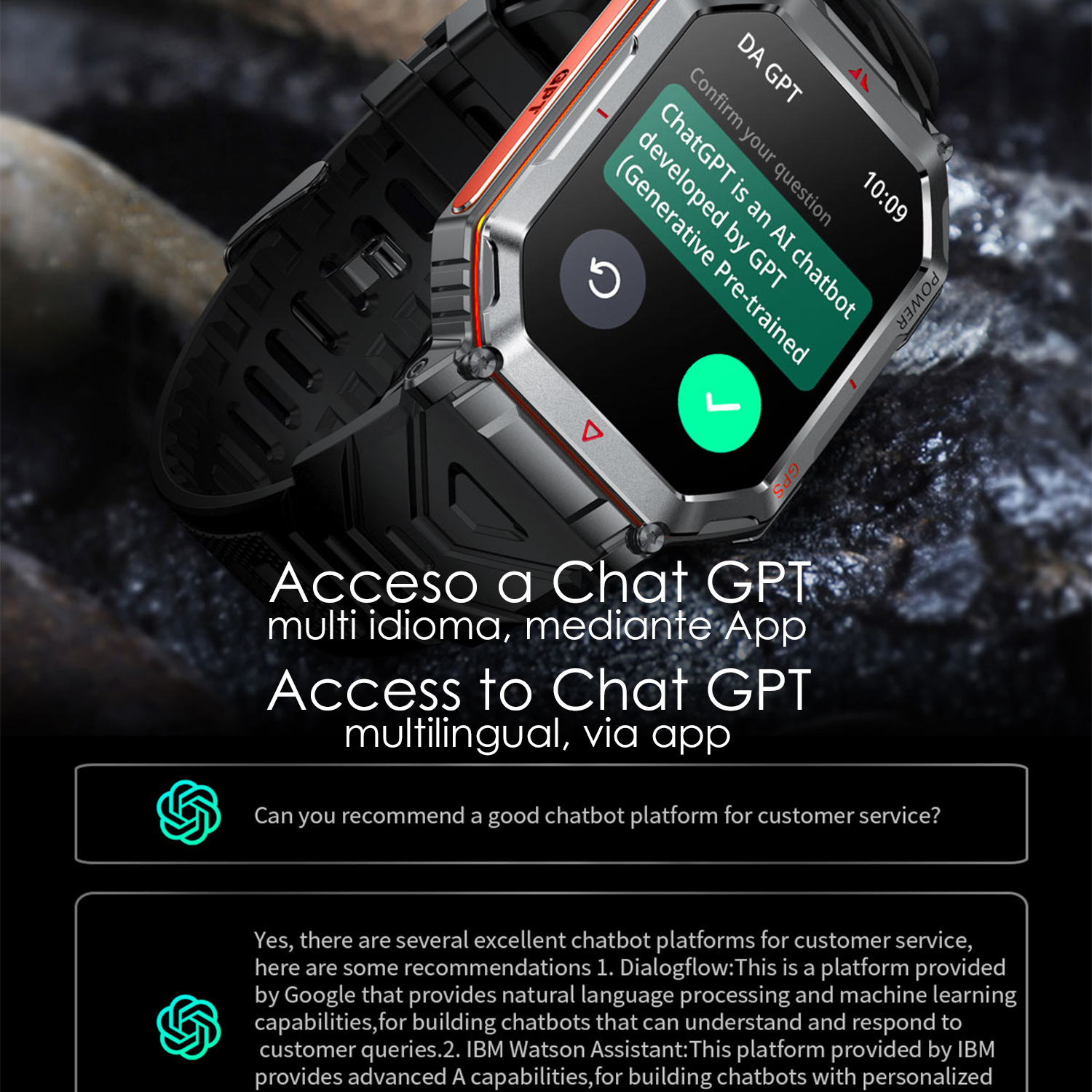 Smartwatch con testo: ChatGPT è un chatbot AI sviluppato da GPT. Visualizza l'ora, il pulsante di accensione e una raccomandazione sulla piattaforma chatbot.