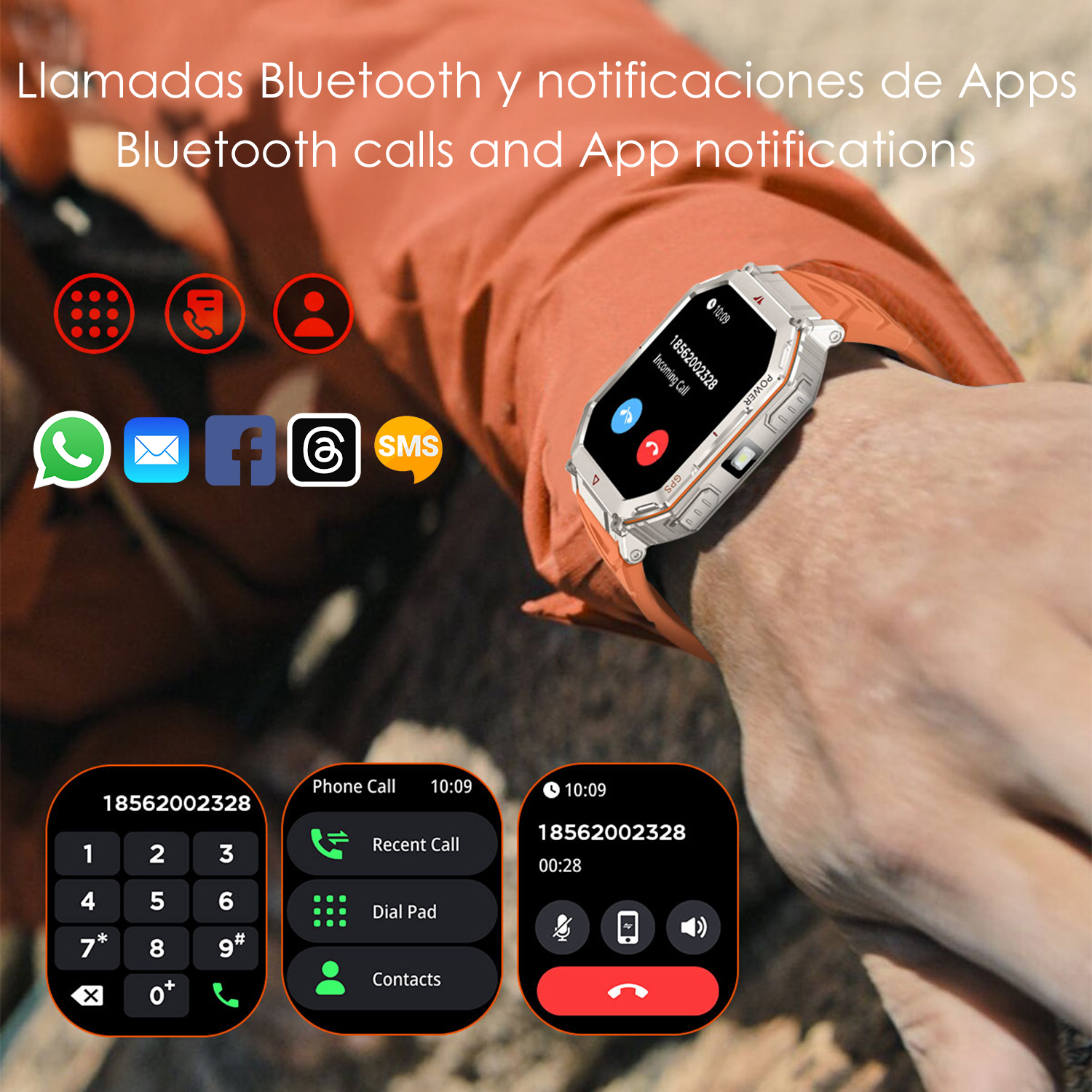 Uno smartwatch mostra i dettagli delle chiamate in arrivo e una tastiera. Lo schermo mostra le opzioni di chiamata e le icone delle app.