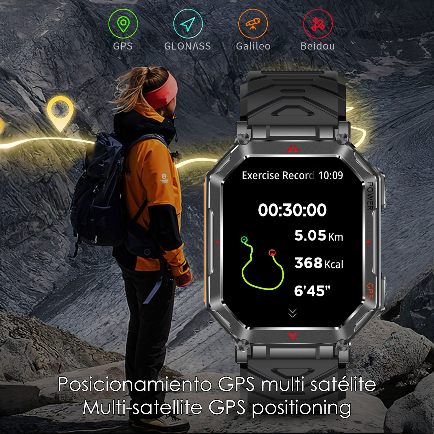 Una donna con smartwatch fa un'escursione. L'orologio mostra i dati dell'allenamento. Vengono visualizzate icone GPS, GLONASS, Galileo e Beidou.