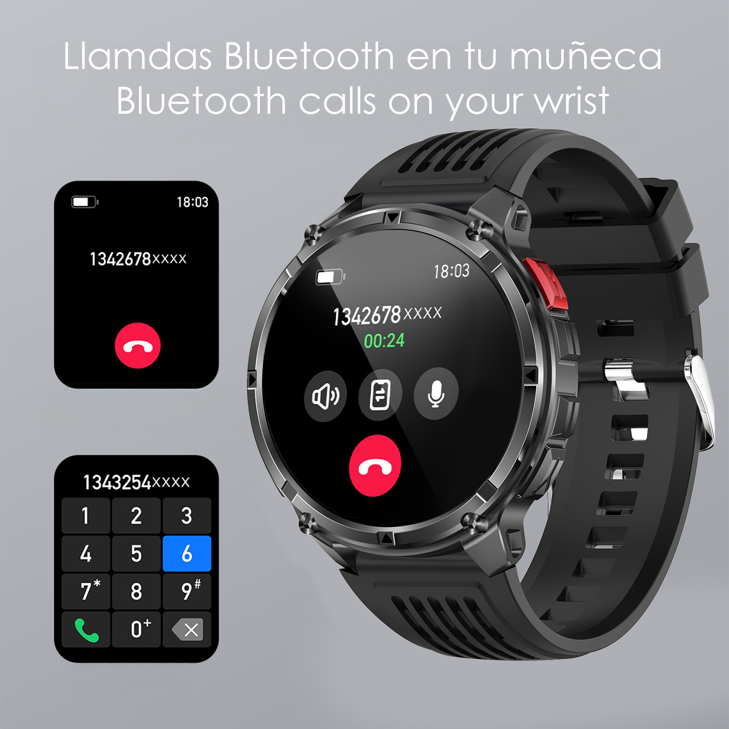 Uno smartwatch nero che mostra un'interfaccia di chiamata telefonica con un tastierino numerico e informazioni sulla chiamata.