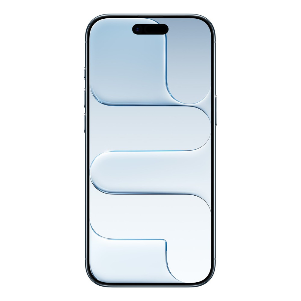 Uno smartphone con un design a luce blu sullo schermo. Il telefono ha un bordo nero e una fotocamera frontale.