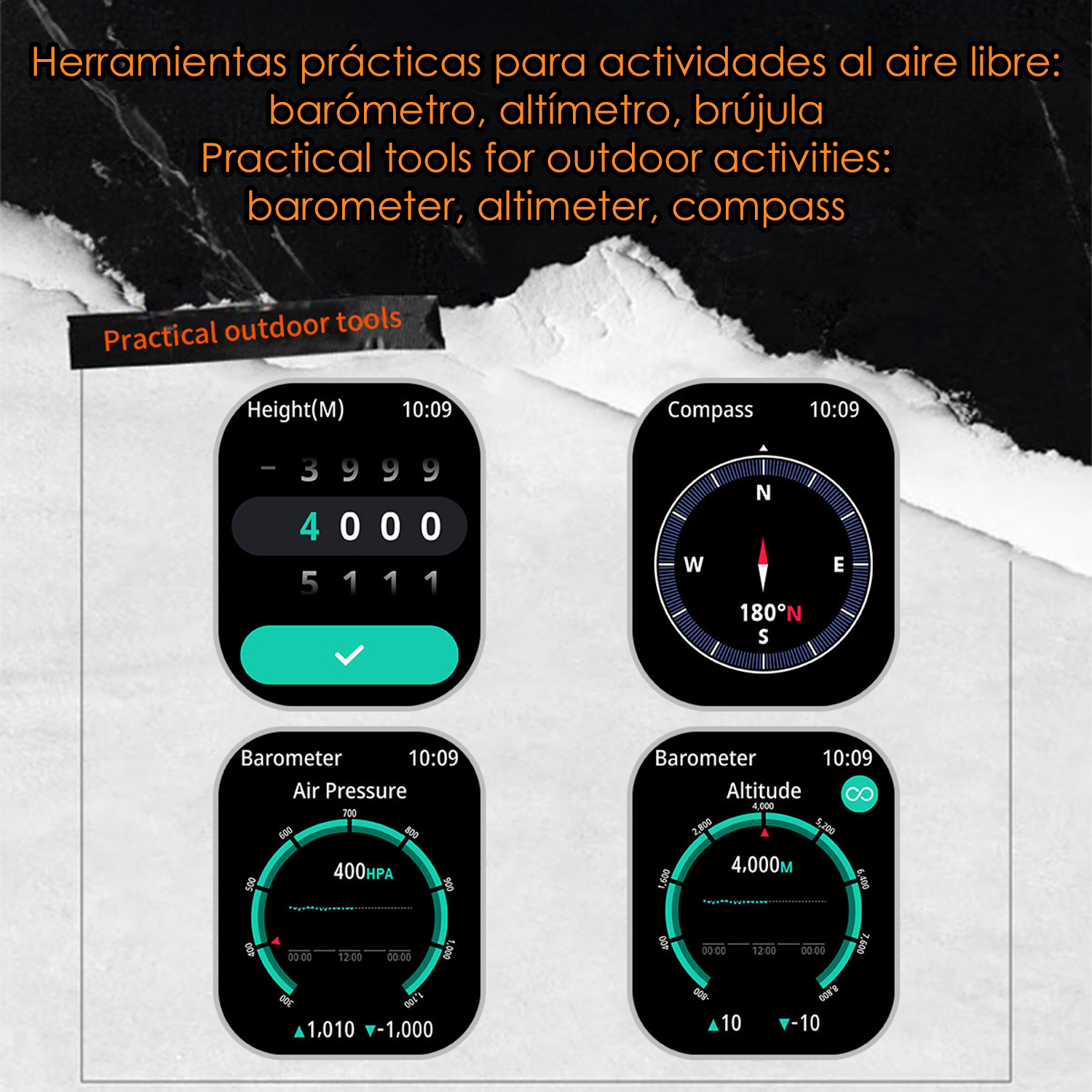 L'immagine mostra strumenti outdoor: altezza, bussola, barometro con pressione dell'aria e altitudine. Display digitali.