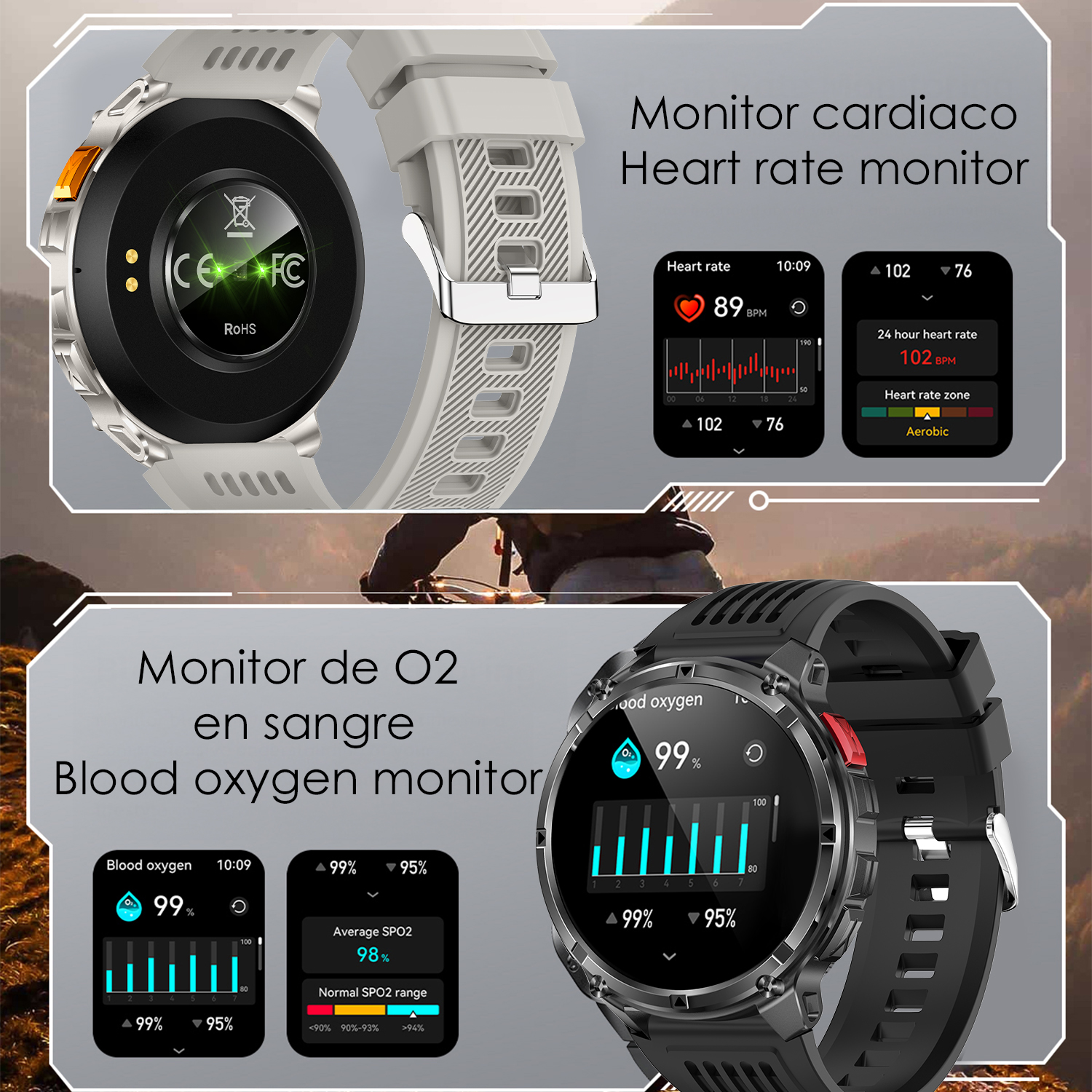 Smartwatch che mostrano la frequenza cardiaca e i livelli di ossigeno nel sangue. Uno è bianco, l'altro nero. I dati sono visualizzati.