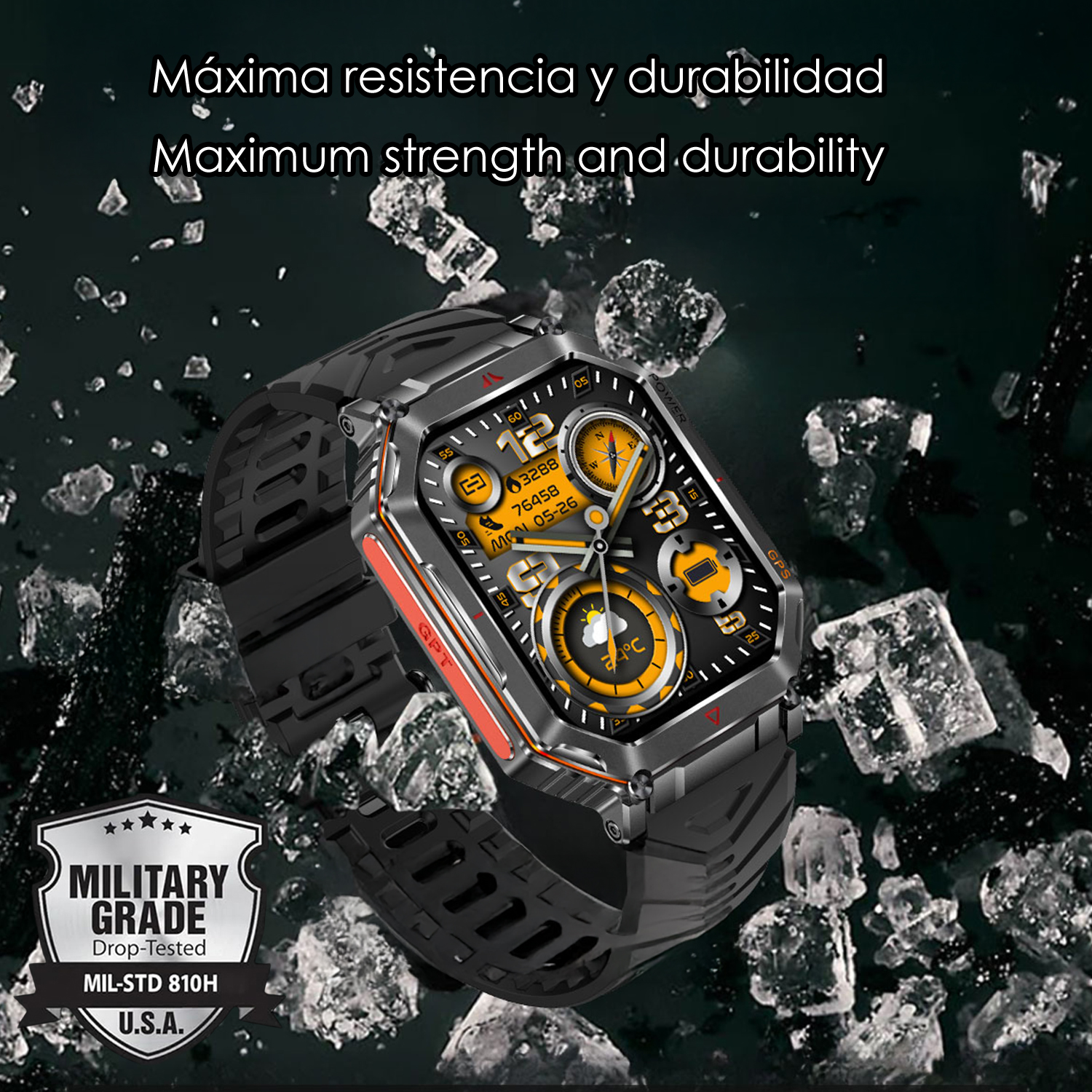 Uno smartwatch nero con un accento arancione, circondato da ghiaccio, con la scritta 'Military Grade' e 'Maximum strength and durability'.
