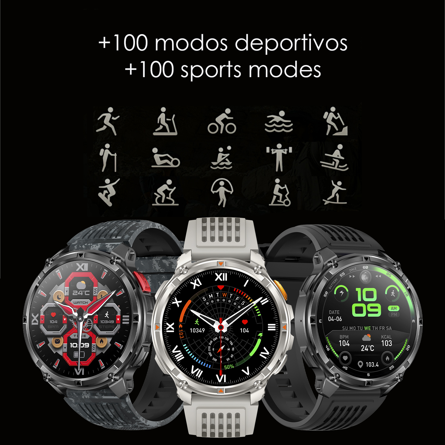 Tre smartwatch con varie icone di modalità sport. Ogni orologio mostra diversi design di interfaccia con dati.