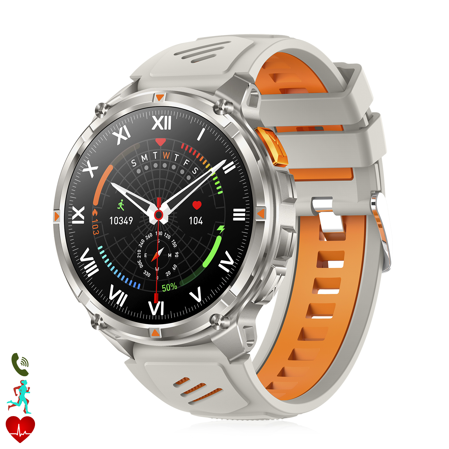 Uno smartwatch con cassa argentata, cinturino grigio con interno arancione e quadrante nero che mostra ora, passi, frequenza cardiaca e batteria.