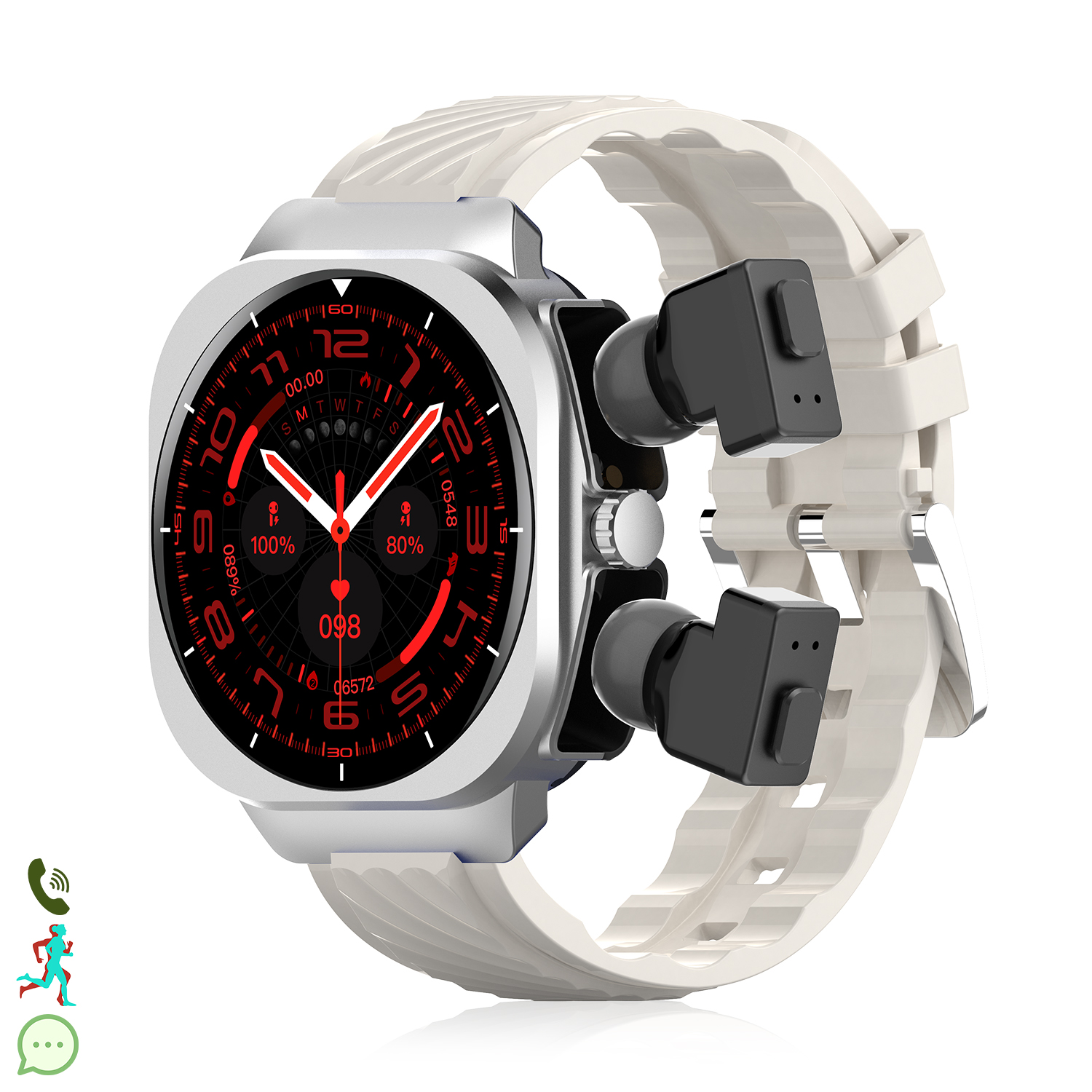Uno smartwatch con cassa argentata, cinturino bianco e auricolari neri. Il quadrante mostra l'ora e le metriche di salute.