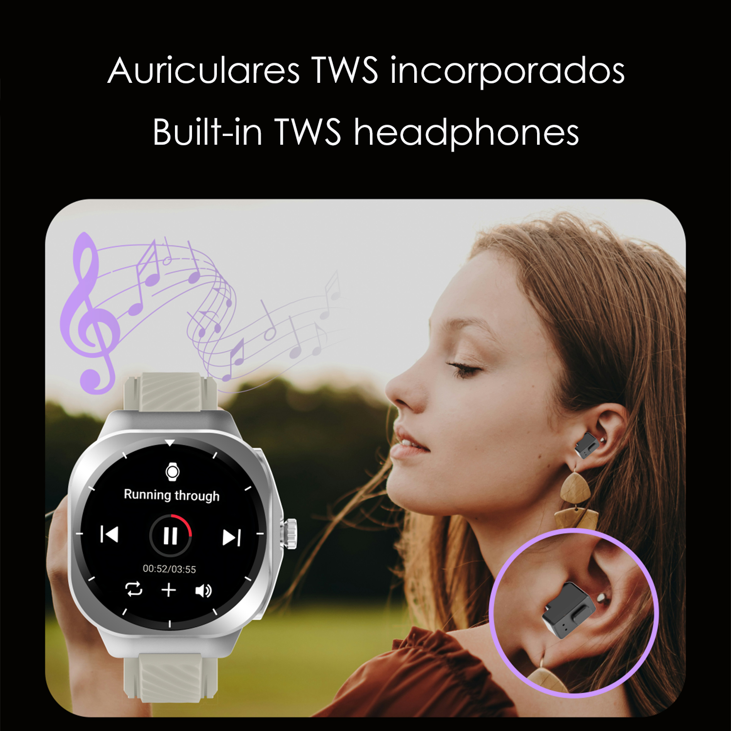 Una donna con auricolari e uno smartwatch. Lo schermo dell'orologio mostra i controlli musicali. Note musicali sovrapposte.