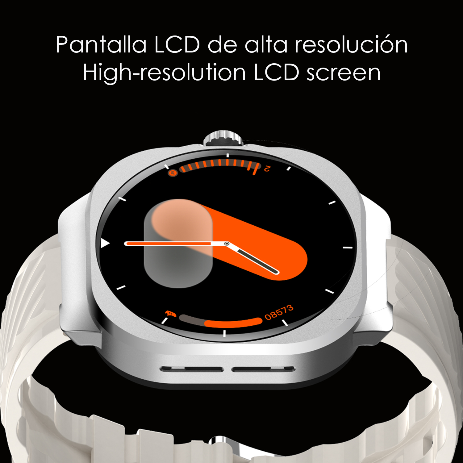 Primo piano di uno smartwatch con schermo nero e dettagli arancioni e bianchi. L'orologio ha un cinturino bianco e una cornice argentata.
