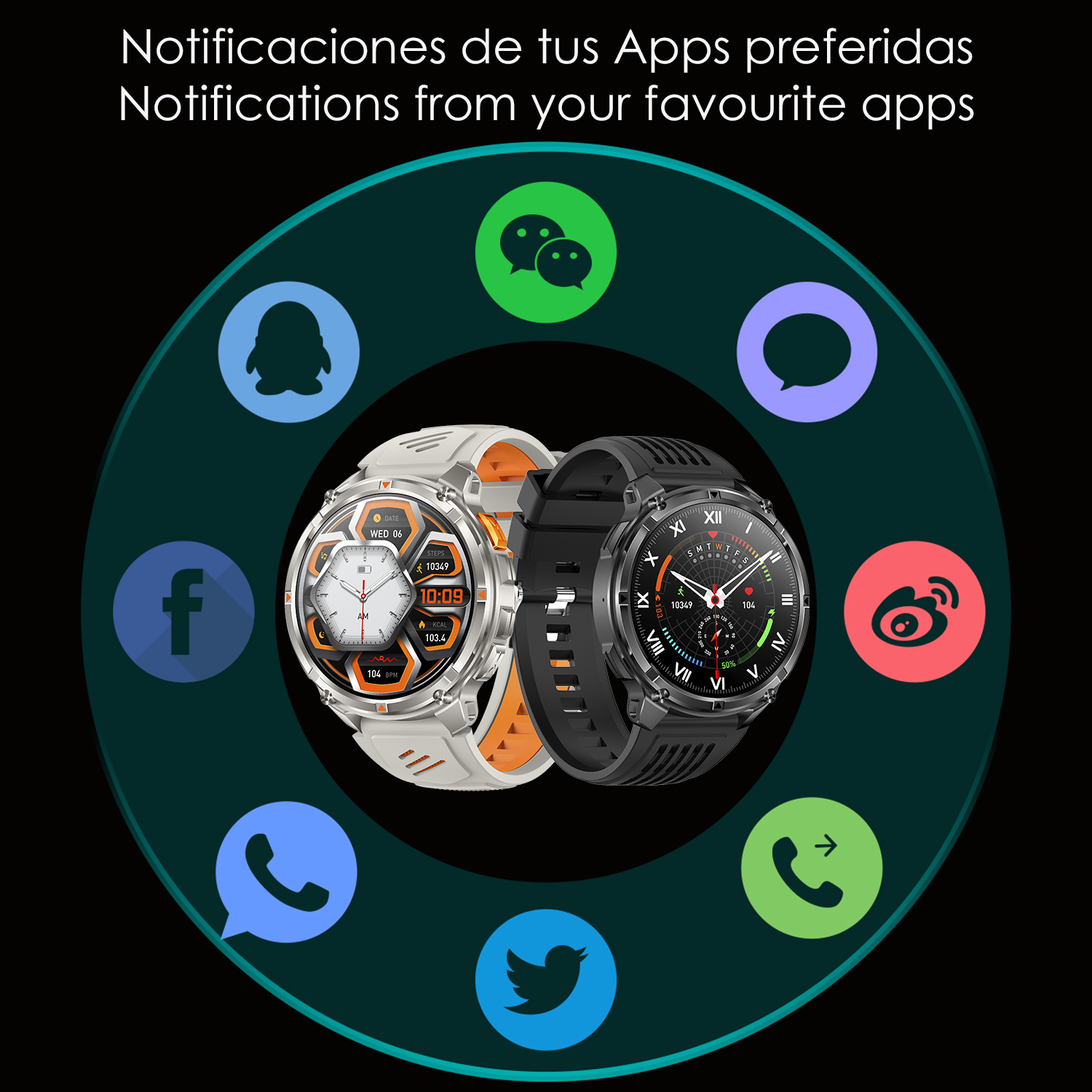 Due smartwatch su sfondo nero, circondati da icone di app. Un orologio è bianco e arancione, l'altro nero.
