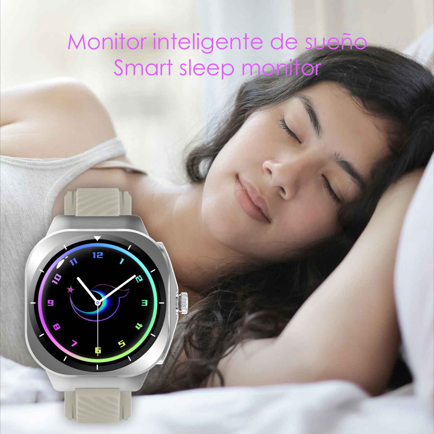 Una donna dorme con uno smartwatch al polso. L'orologio mostra l'ora e grafiche colorate. Il testo recita: 'Smart Sleep Monitor'.