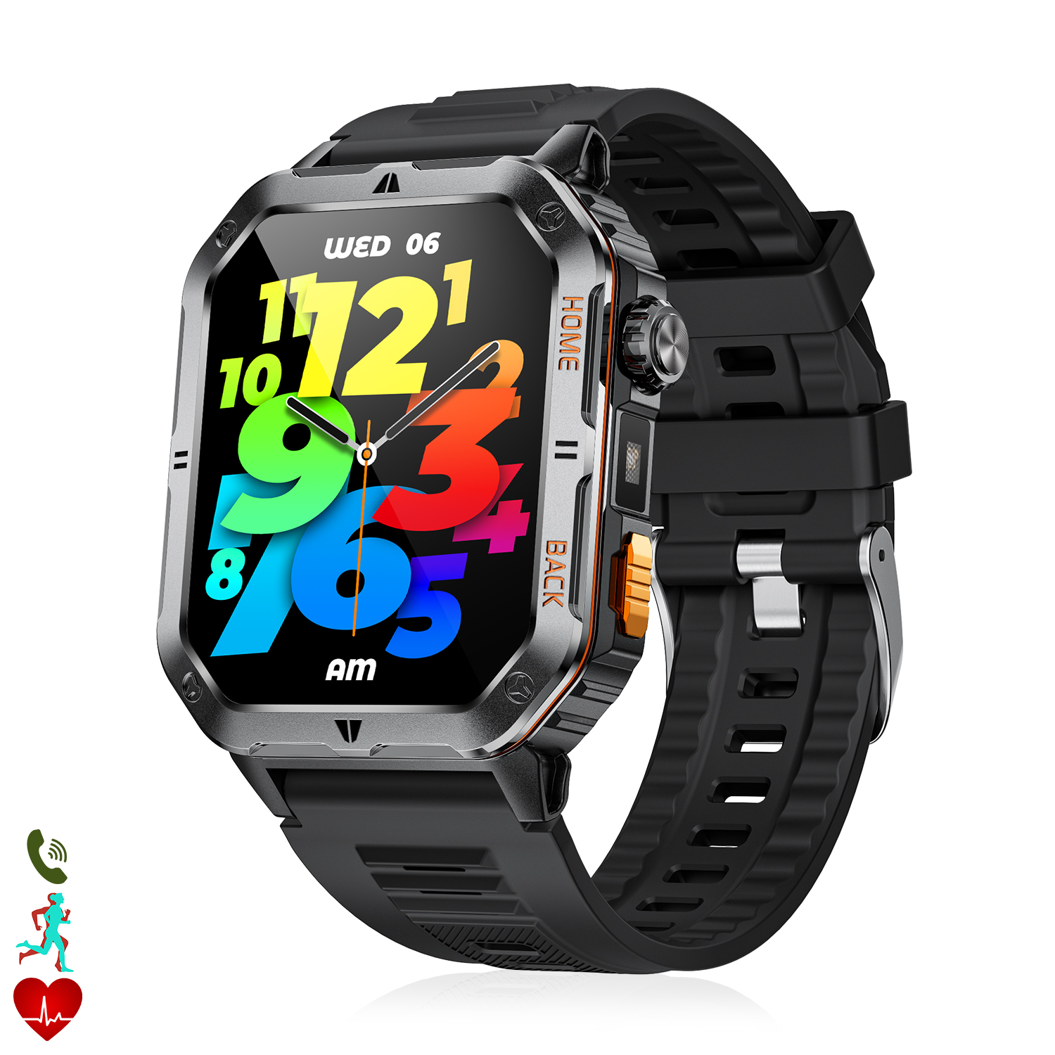Uno smartwatch con cinturino nero e display colorato che mostra l'ora. L'orologio ha una cornice metallica e un cinturino nero.