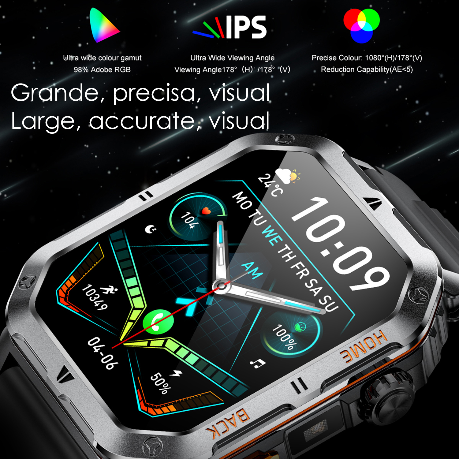 Uno smartwatch mostra l'ora, le metriche di salute e lo stato della batteria. Ha una cornice metallica. Lo sfondo è scuro con stelle.
