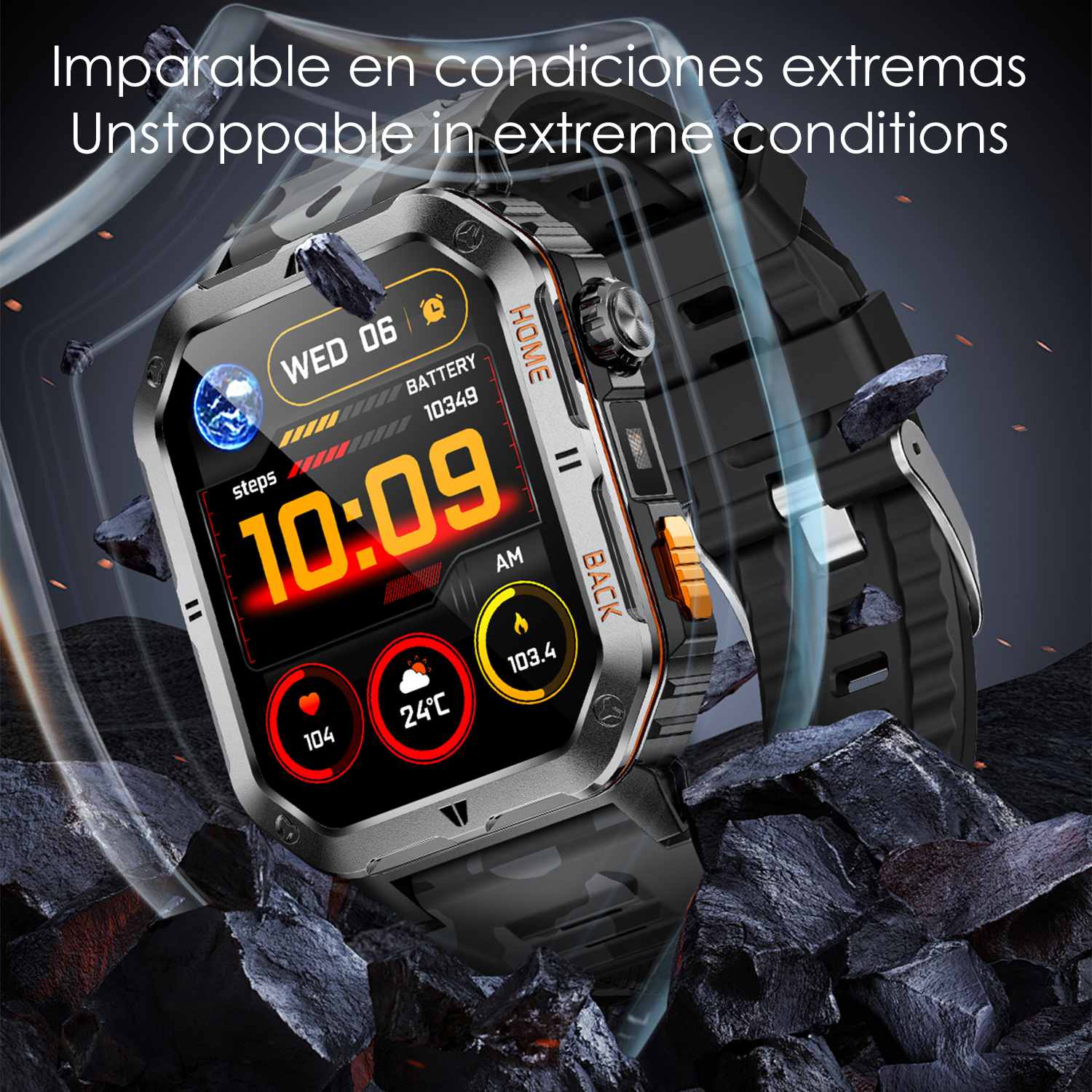 Uno smartwatch mostra ora, passi, batteria e temperatura. È in mezzo a rocce scure, con la scritta 'Unstoppable in extreme conditions'.