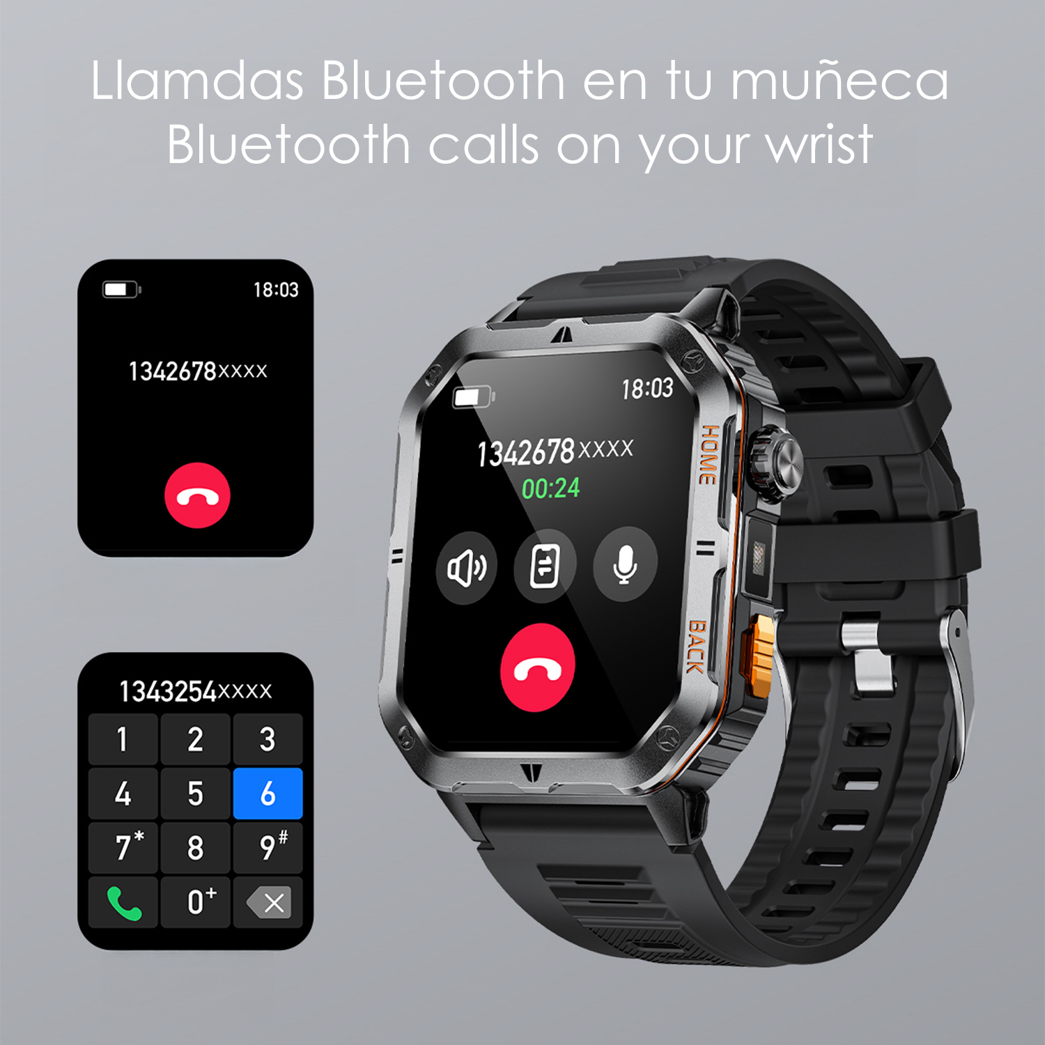 Uno smartwatch mostra una schermata di chiamata con un numero di telefono e una tastiera. Lo schermo mostra l'ora e la durata della chiamata.