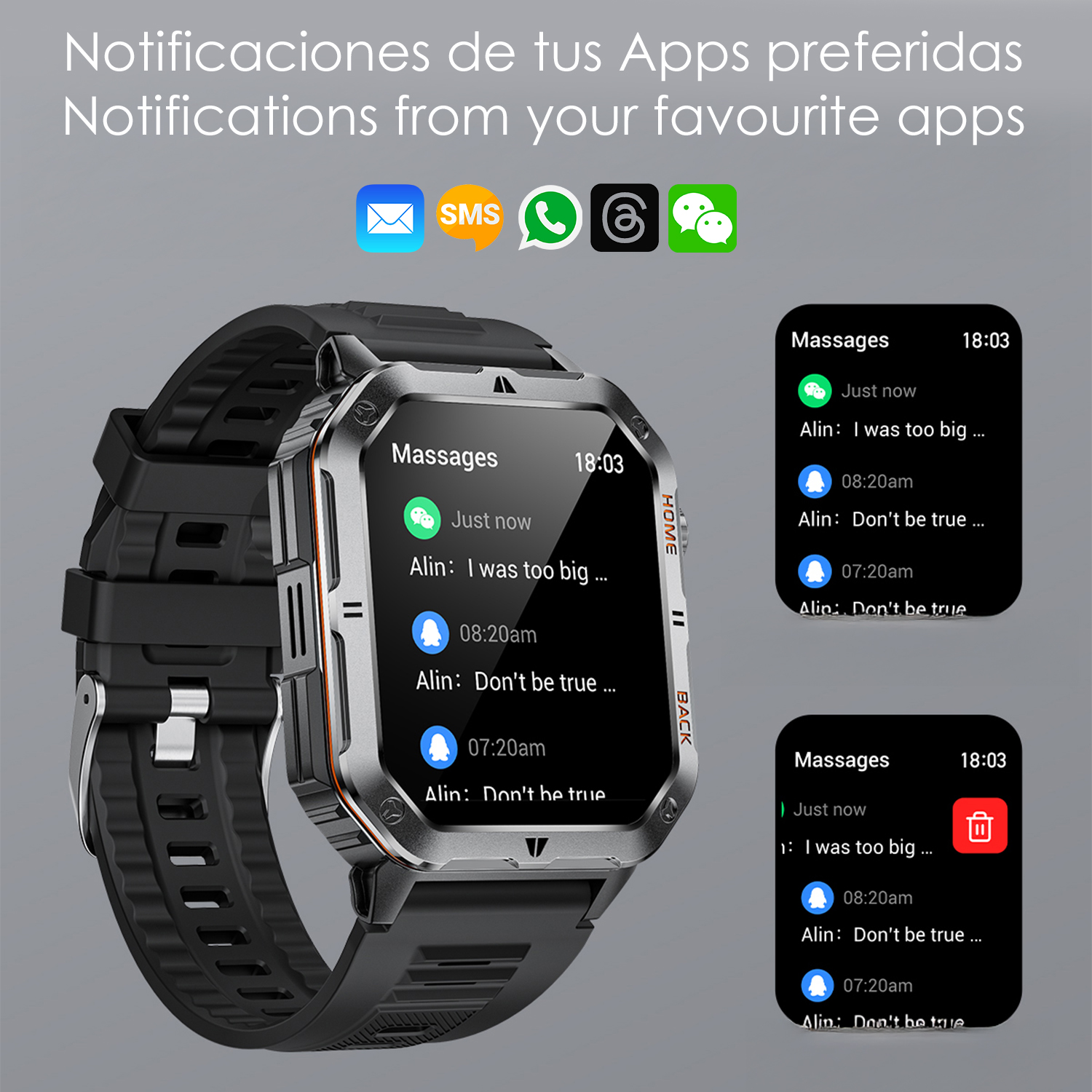 Uno smartwatch mostra le notifiche dei messaggi. L'orologio ha un cinturino nero e una cassa argentata. Lo schermo mostra le anteprime dei messaggi.