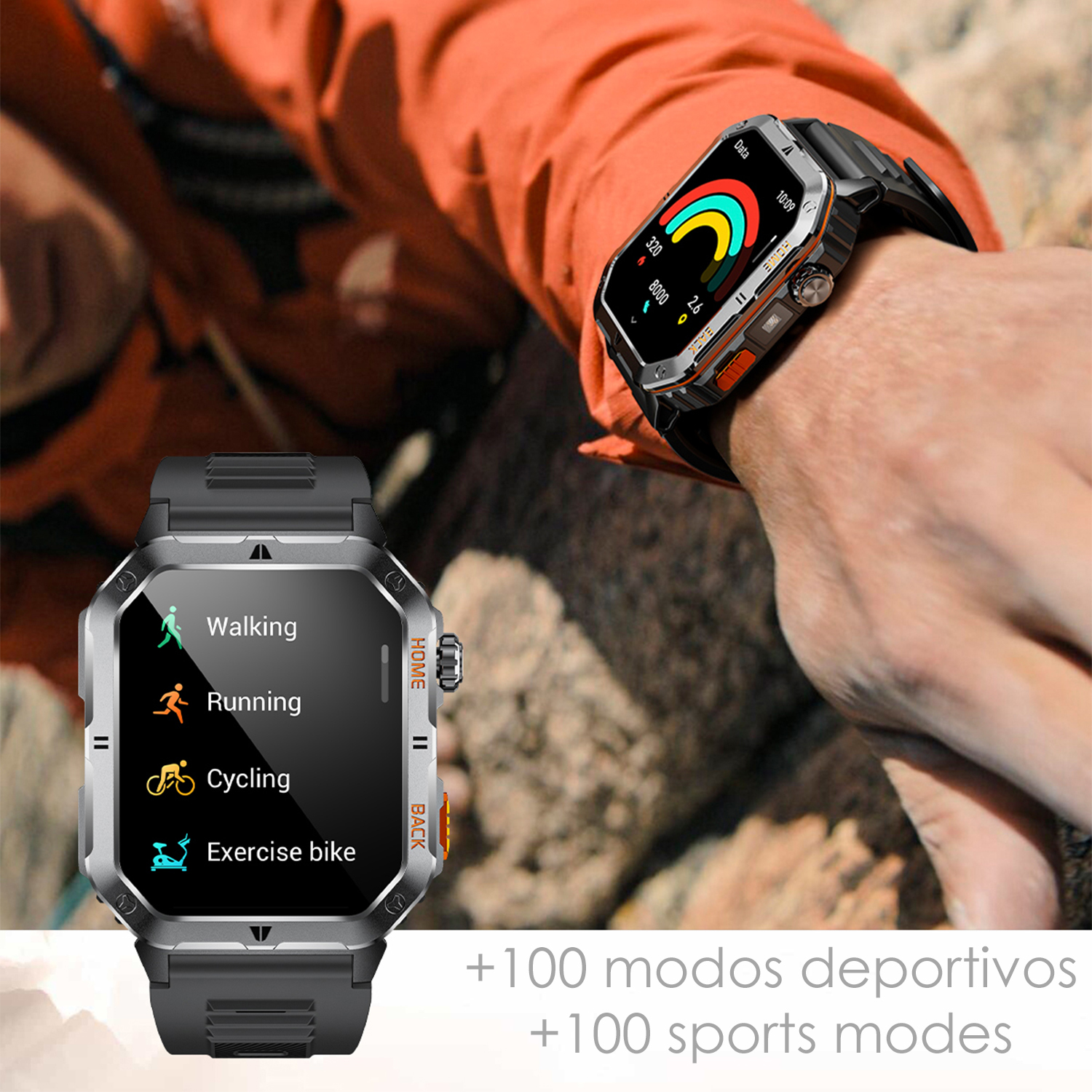 Una persona indossa uno smartwatch che mostra dati di fitness. L'orologio mostra le opzioni per camminare, correre, andare in bicicletta e cyclette.
