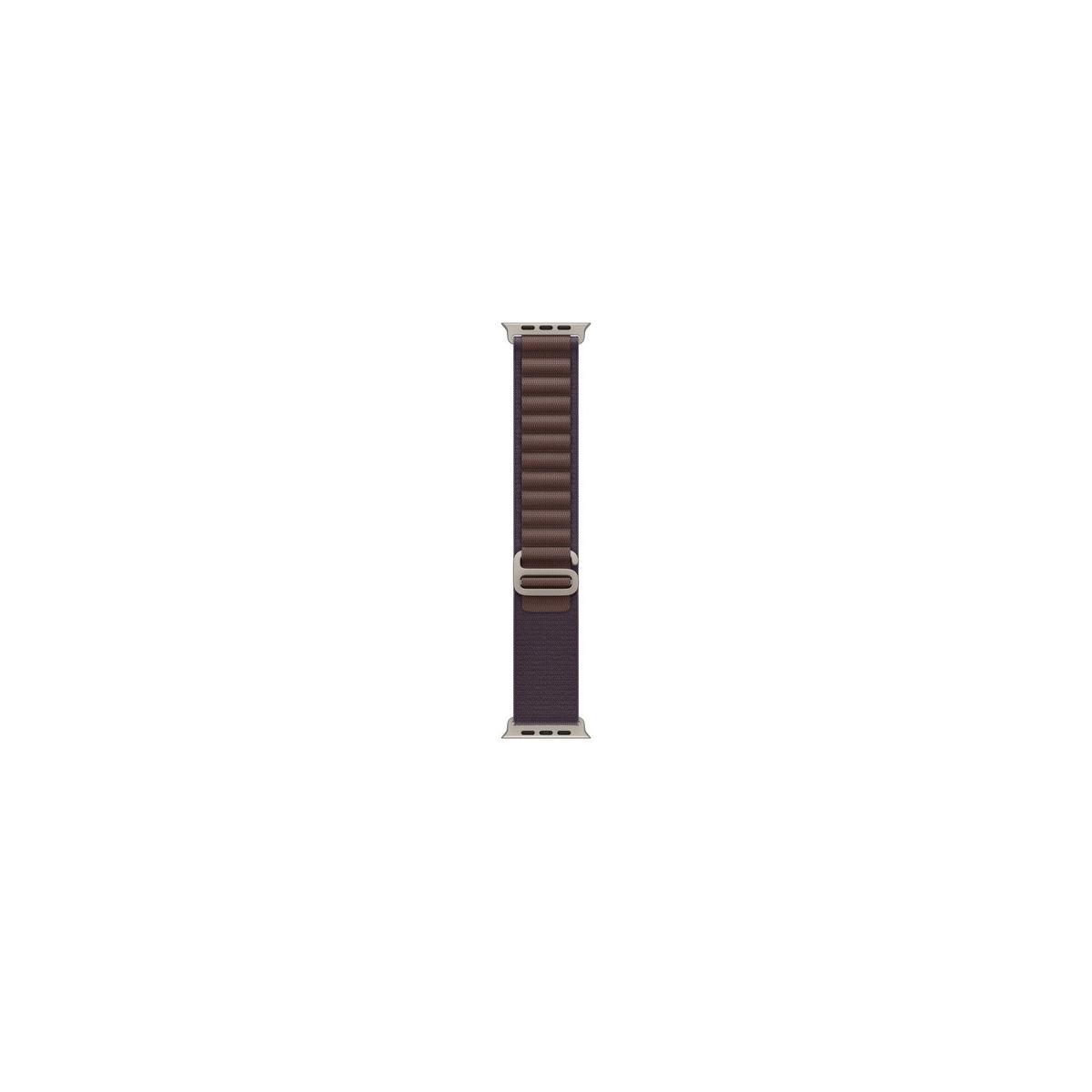 Ein Apple Watch-Armband. Es ist lila mit einem braunen Streifen in der Mitte. Das Armband befindet sich auf weißem Hintergrund.