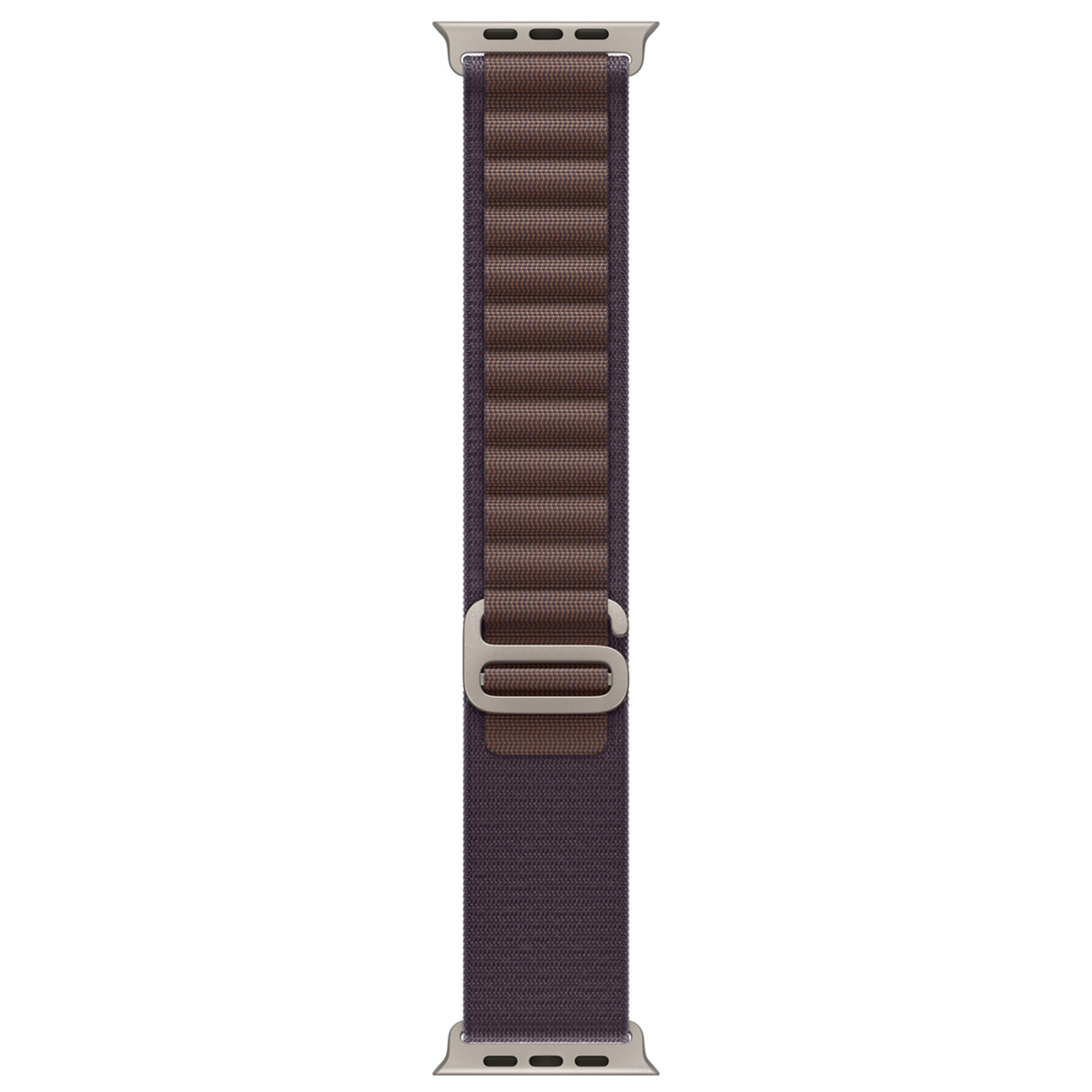Ein Apple Watch-Armband. Es hat ein dunkelbraunes und lila Armband mit einer silbernen Schnalle und Anschlüssen. Der Hintergrund ist weiß.
