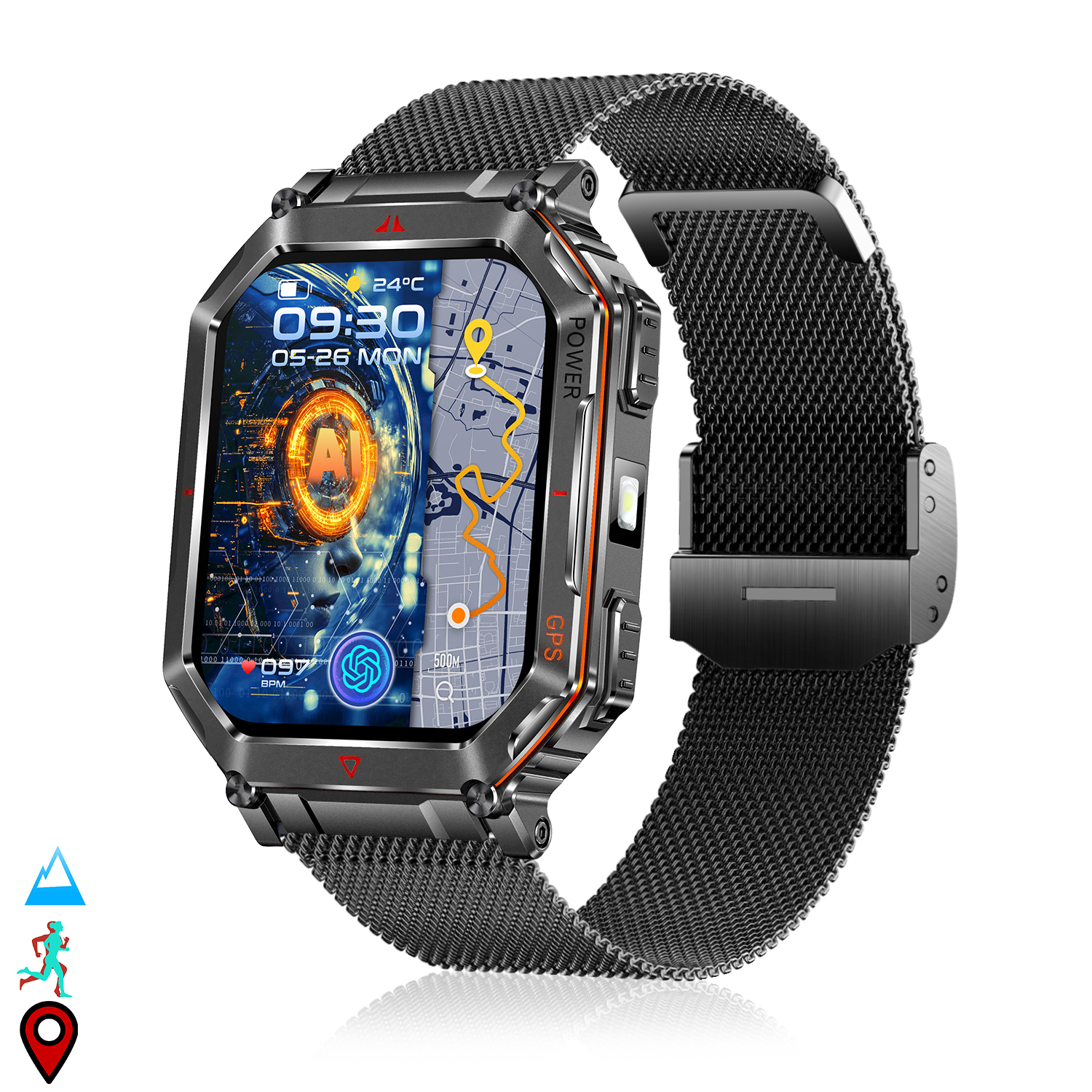Uno smartwatch scuro con cinturino a rete mostra ora, mappa e dati sanitari. Ha dettagli arancioni e un pulsante GPS. Icone sportive nell'angolo.