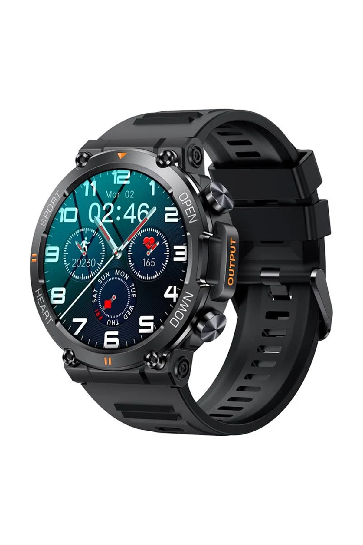 Smartwatch nero con display digitale che mostra l'ora e i parametri sanitari. Pulsanti, cinturino in gomma e design sportivo.
