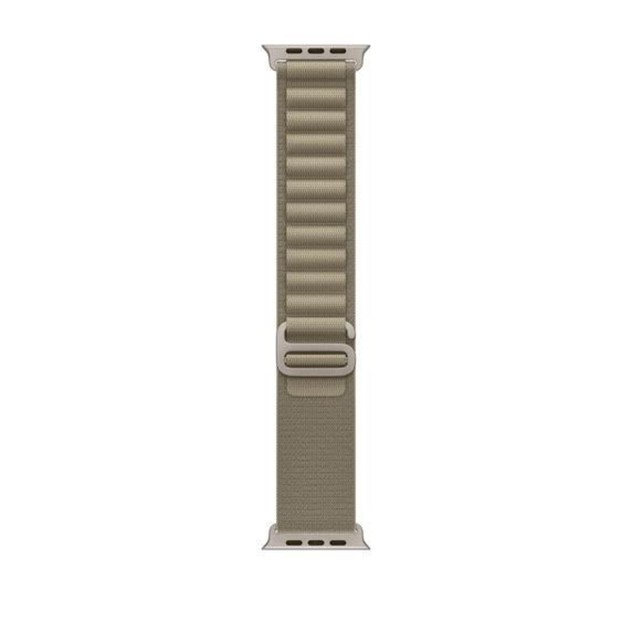 Tan Apple Watch band, centered. It has a buckle and a textured fabric design with rectangular segments.