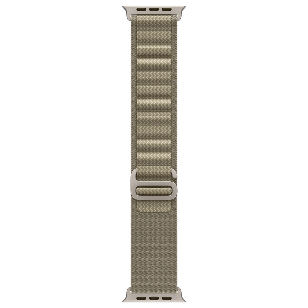 An Apple Watch band. Beige nylon strap with silver metal hardware. The band is vertical, with two silver attachment points at the top and bottom.