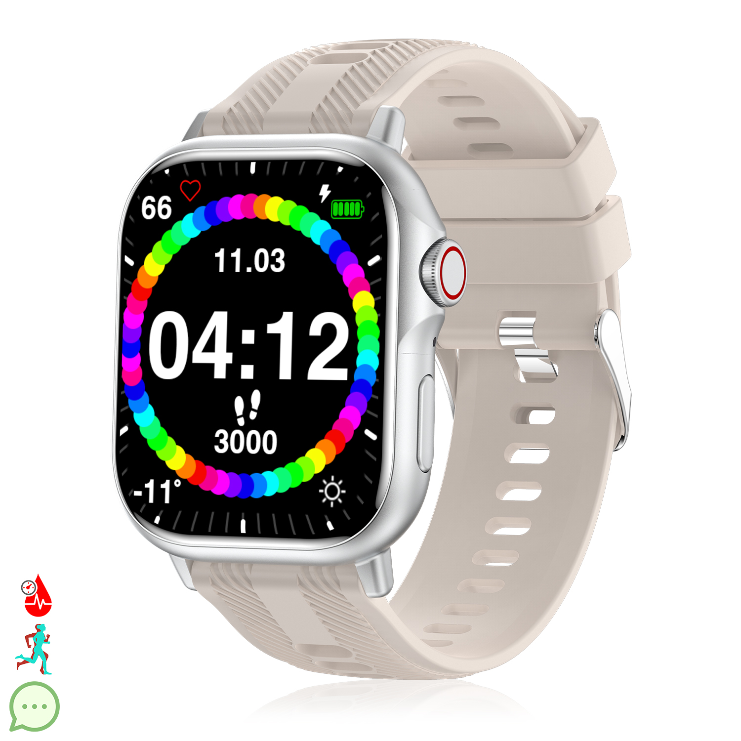 Uno smartwatch mostra ora, data, passi e batteria. Ha un display colorato e un cinturino beige. Cassa argentata e pulsante laterale.
