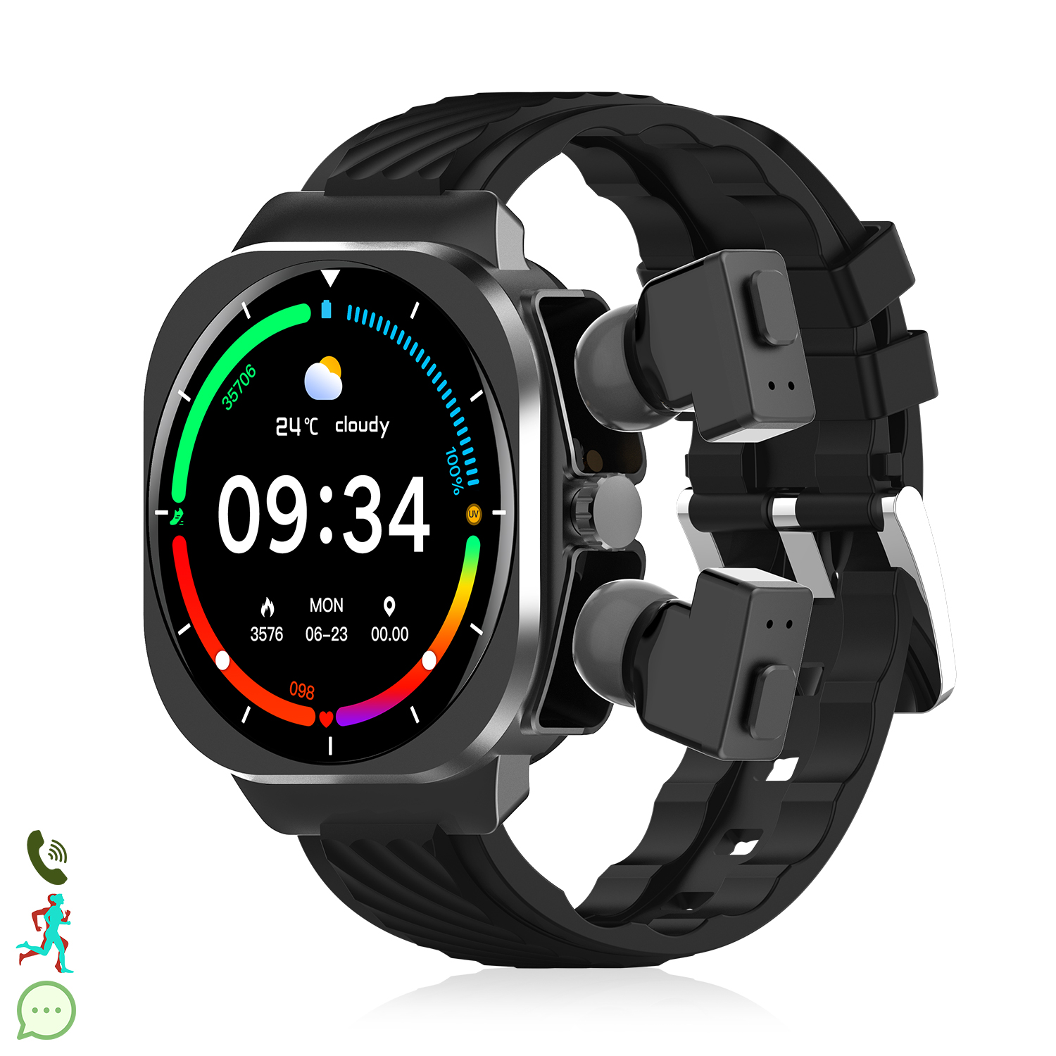 Uno smartwatch nero con auricolari collegati. L'orologio mostra l'ora e il meteo. Lo sfondo è bianco.