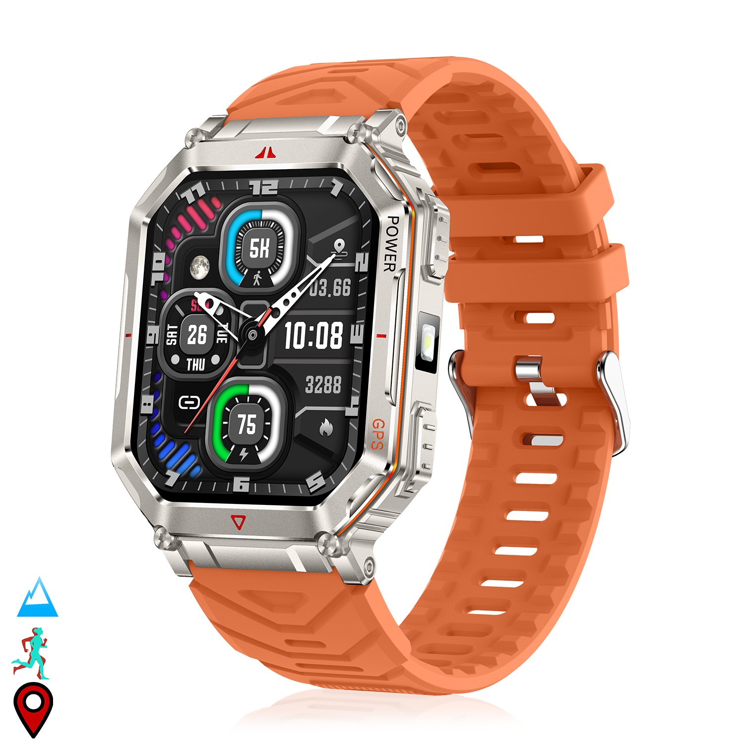 Smartwatch arancione con cassa argentata e schermo nero. Mostra ora e dati sanitari, con cinturino arancione.