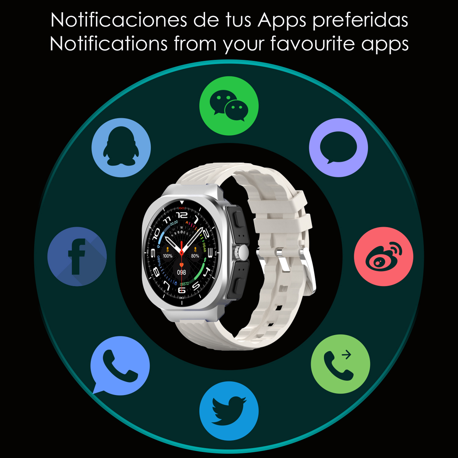 Smartwatch con cinturino bianco circondato da icone di app. Testo: 'Notifiche dalle tue app preferite'.