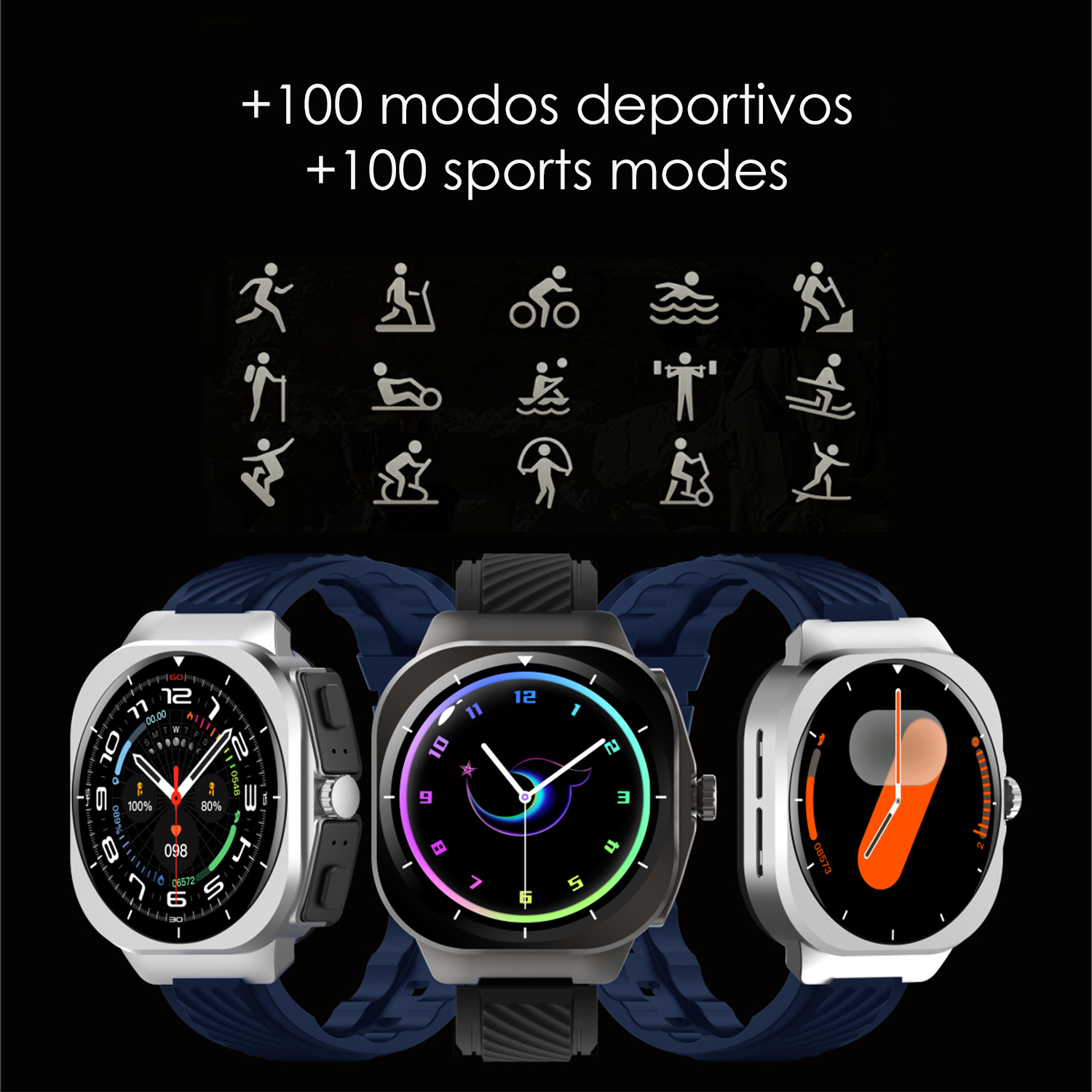 Tre smartwatch con vari design del display. Sopra icone sportive. Testo '+100 modalità sport'.