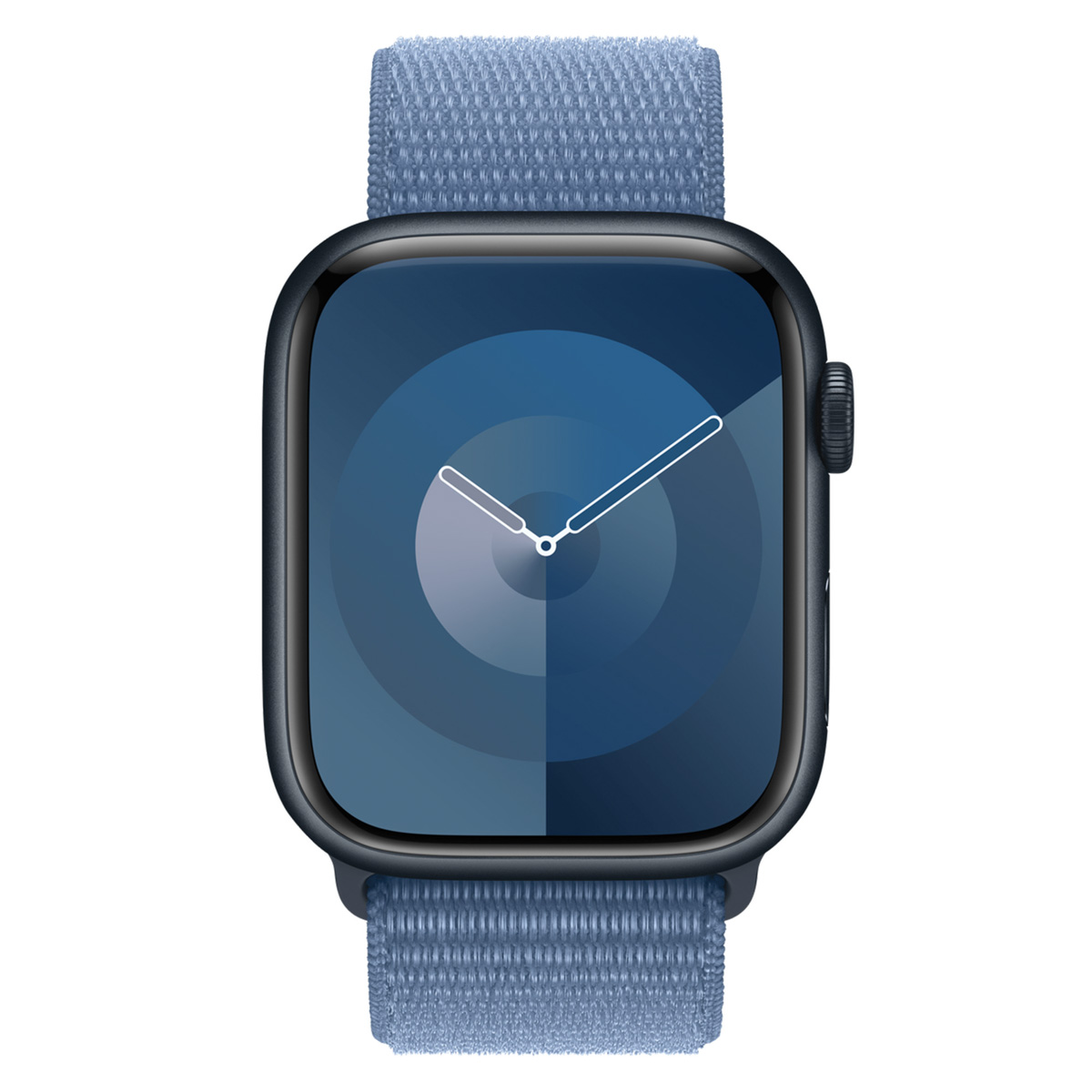 Een Apple Watch met een blauwe stoffen band. De wijzerplaat toont een blauwe gradiënt, met witte wijzers die de tijd aangeven.