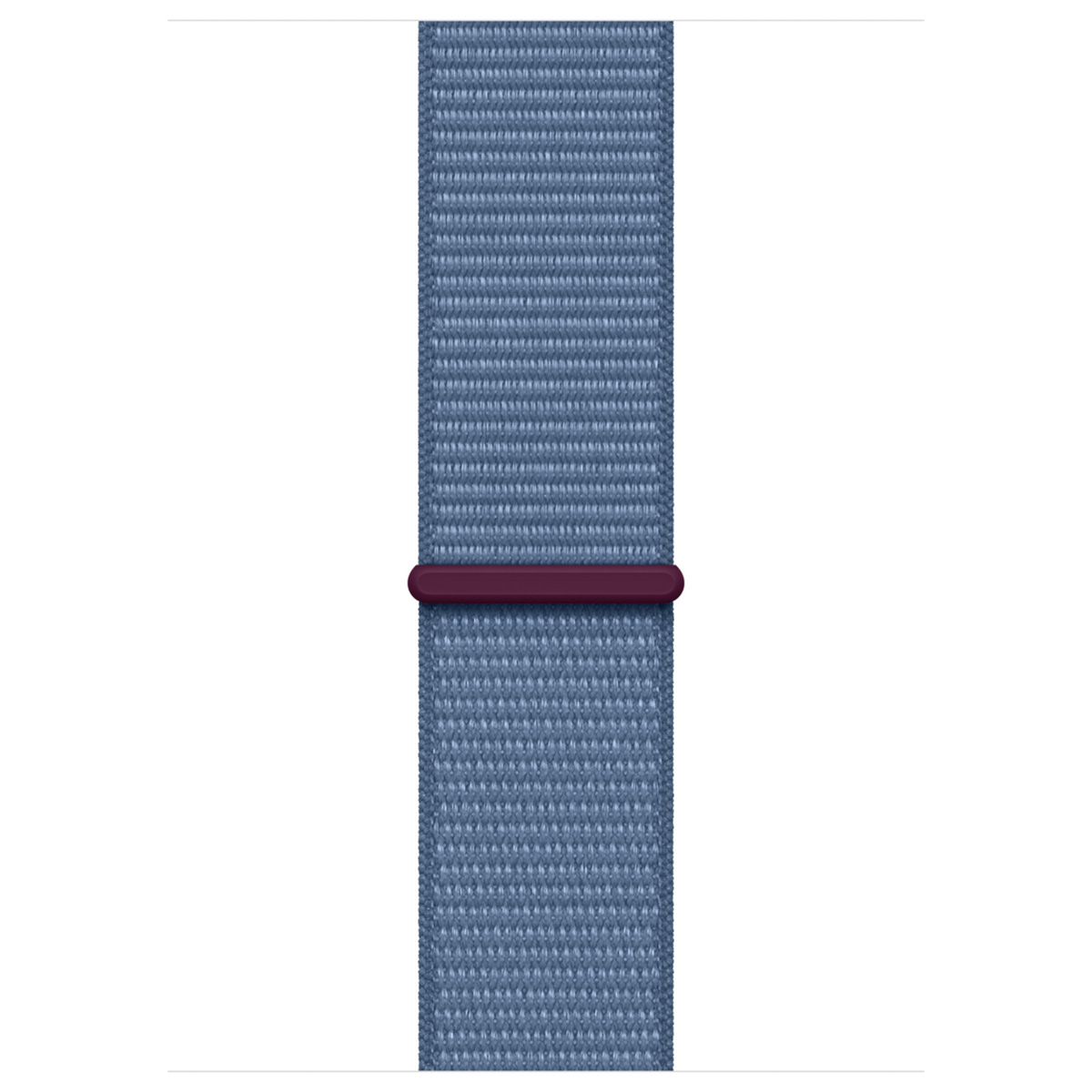 A close-up shot shows a blue fabric watch band with a burgundy clasp in the middle. The background is white.