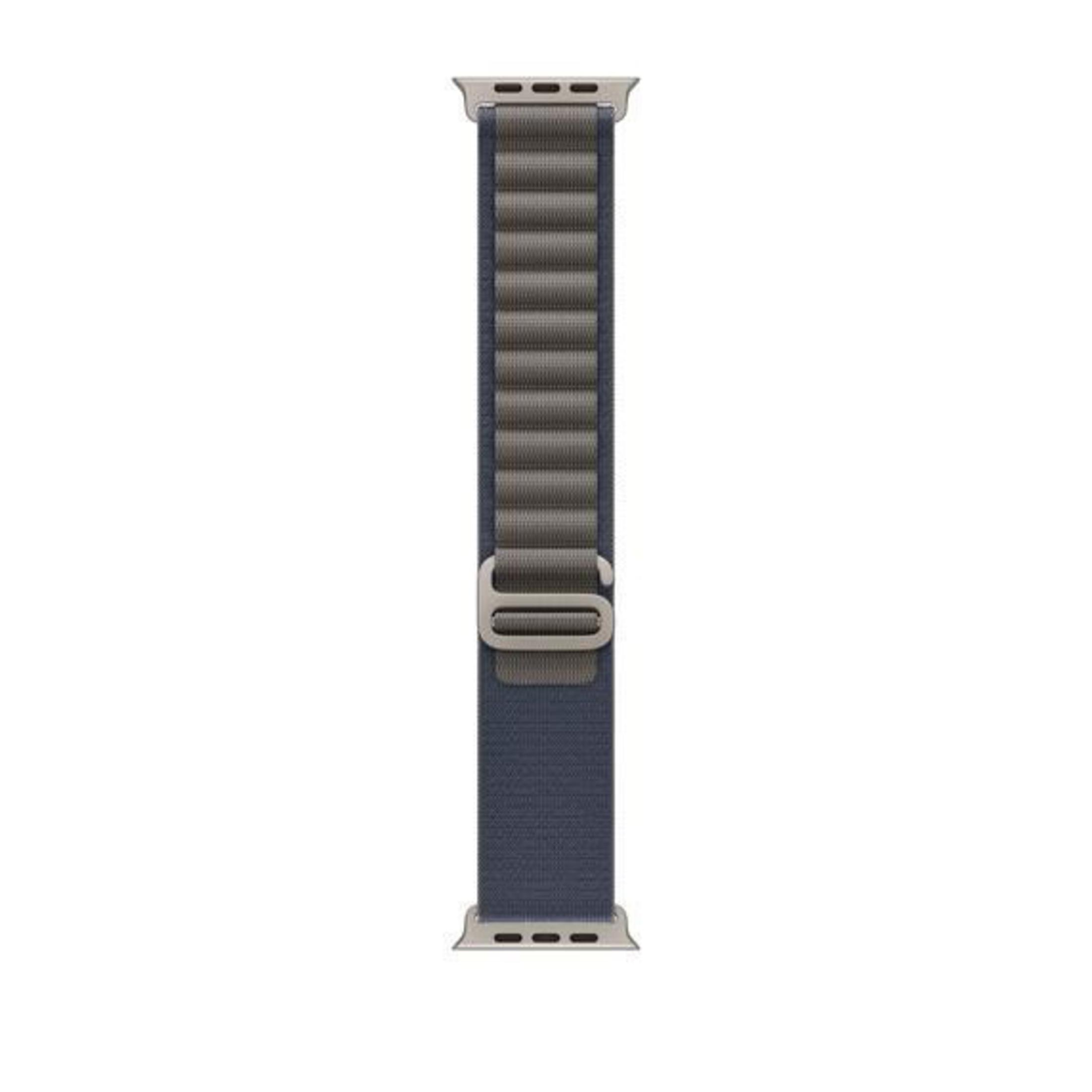 An Apple Watch band, blue and gray, with a metal clasp. The band is vertical, with a textured design.