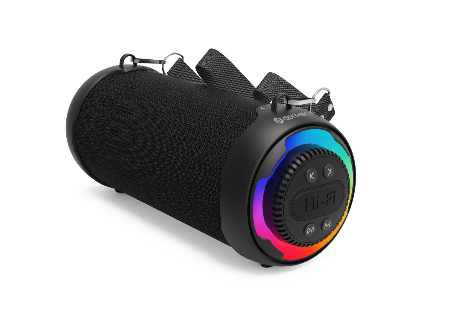 Altoparlante Bluetooth nero, cilindrico, con anello luminoso arcobaleno e pulsanti di controllo. Include un cinturino nero.