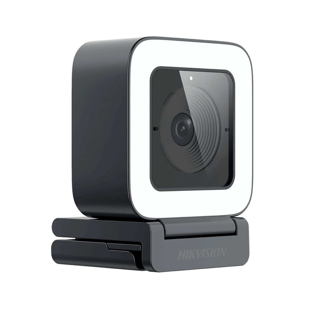 Czarna kamera internetowa z białą kwadratową ramką wokół obiektywu. Podstawa jest czarna i ma napis HIKVISION.