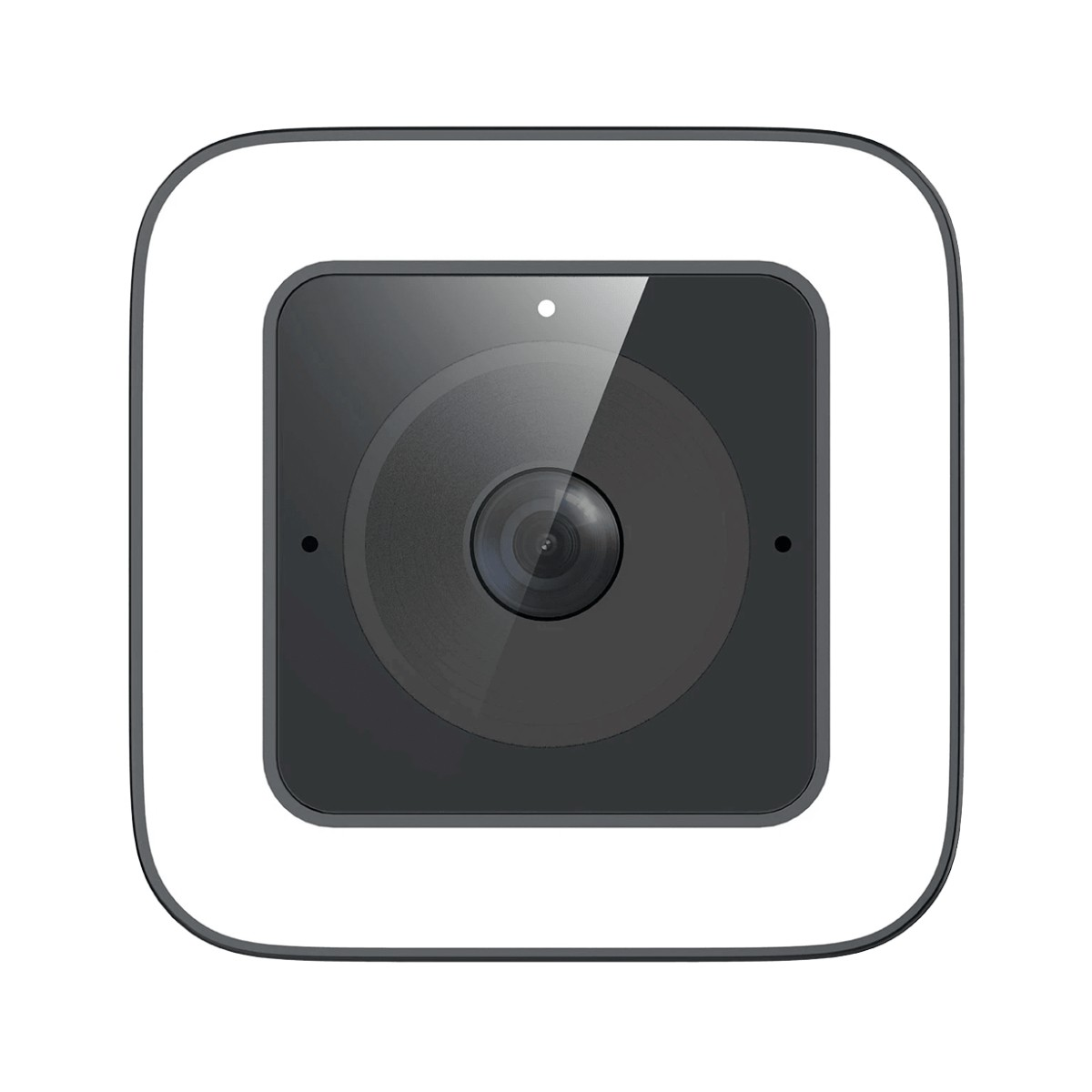 Kwadratowa kamera bezpieczeństwa z ciemnym obiektywem pośrodku, otoczona białą ramką. Widoczne są dwa małe punkty i światło.