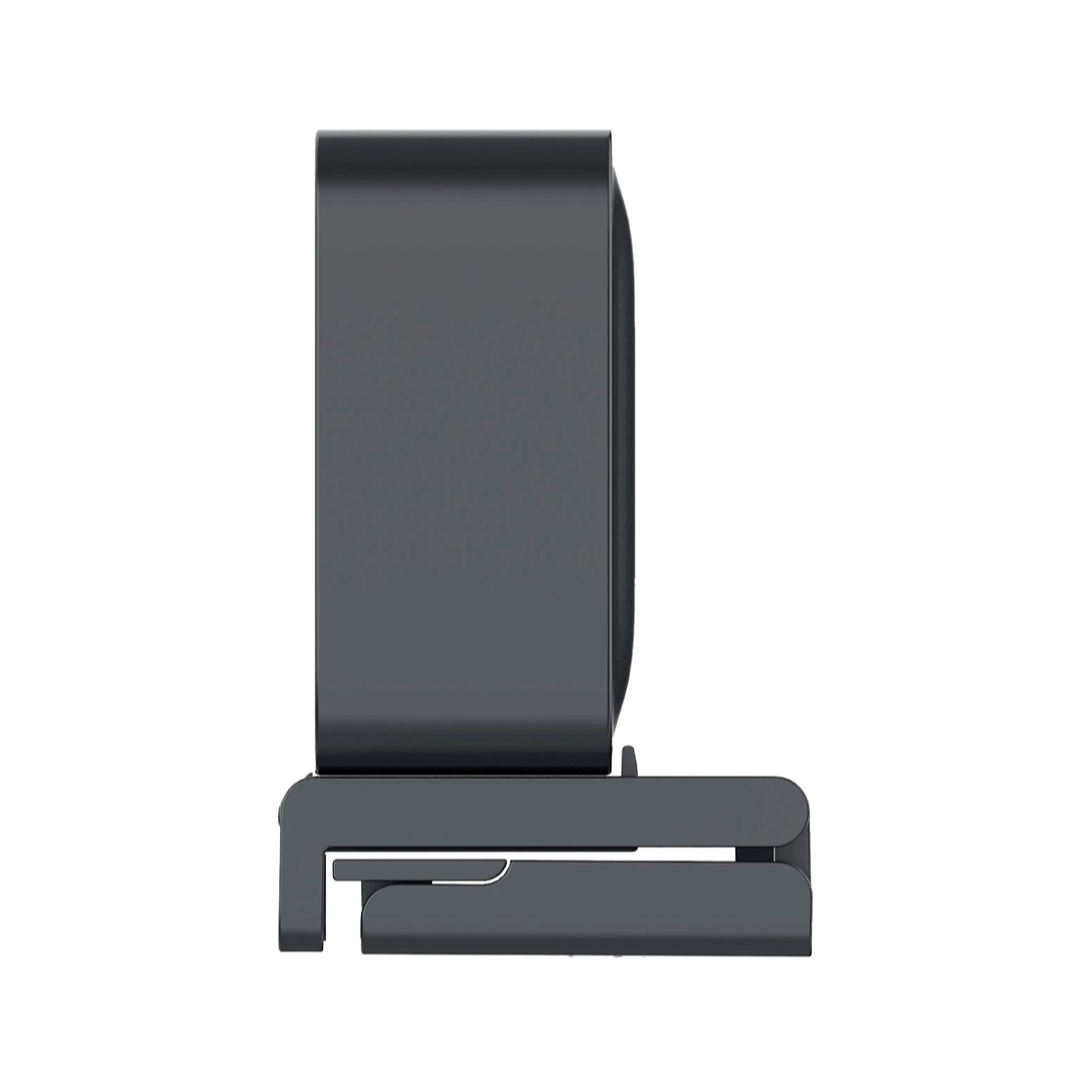 Ciemnoszara kamera internetowa, widziana z boku. Ma kwadratowy korpus i podstawę do montażu. Tło jest białe.