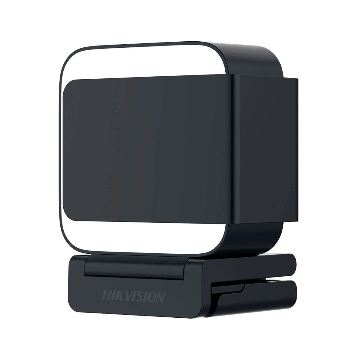 Czarna kamera internetowa Hikvision z prostokątnym korpusem, zaokrągloną górą z białym obrysem i zawiasową podstawą.